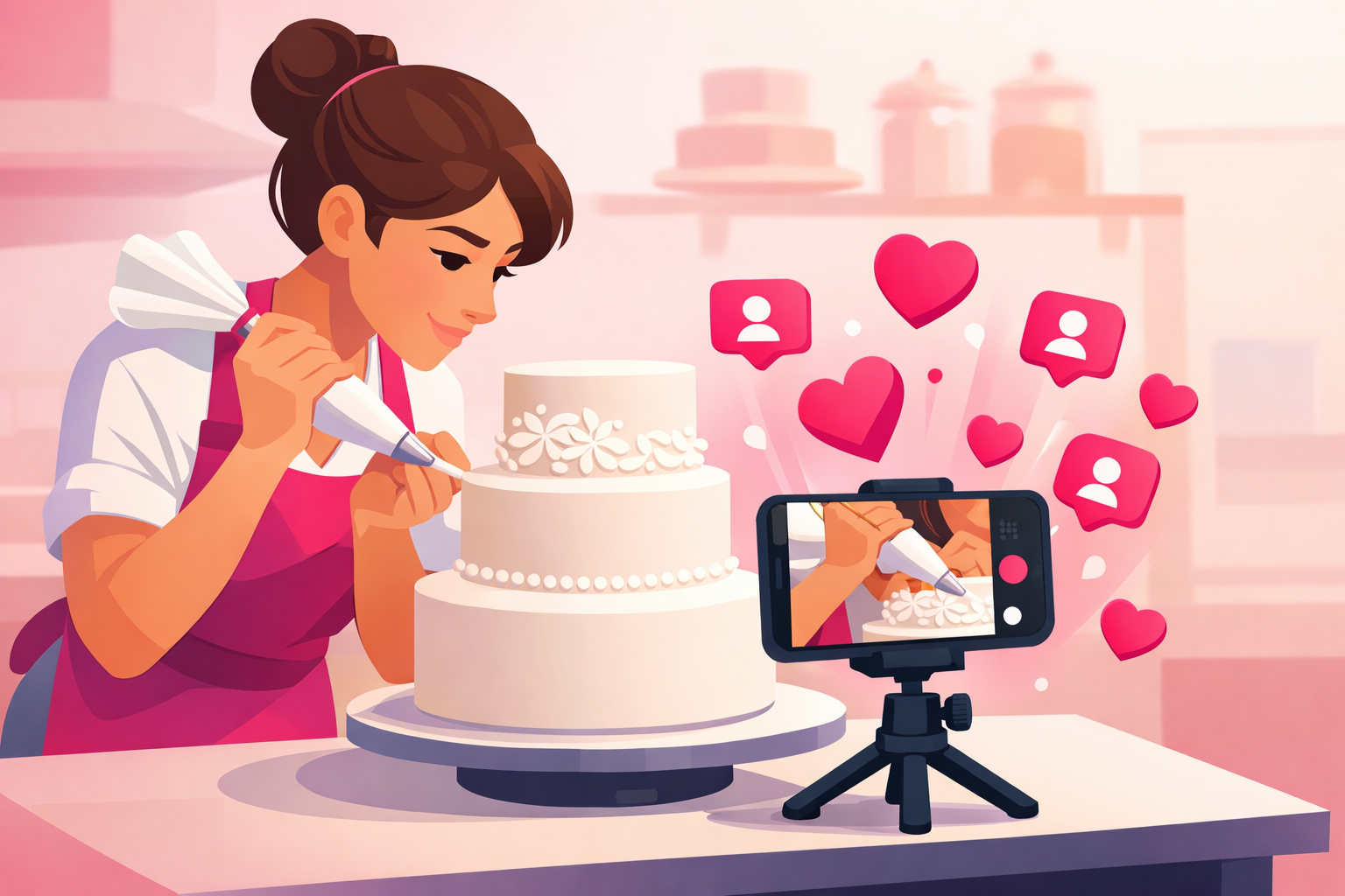 An illustration of a wedding cake designer piping delicate details onto an elegant three-tier white cake while a smartphone on a small tabletop tripod films a close-up, with hearts and follower icons floating around the phone in a bright bakery studio