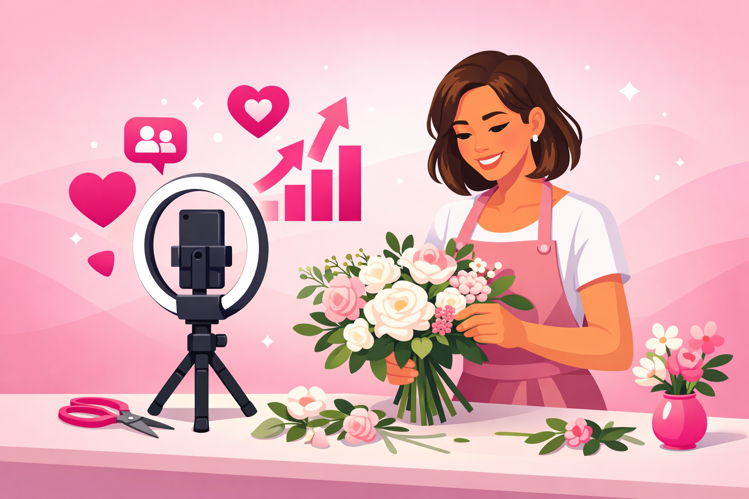 A smiling wedding florist in a pink apron arranging a lush white and blush bridal bouquet at a bright worktable while a smartphone mounted in a ring light on a tripod records her, with hearts, follower icons, and rising growth arrows floating beside the phone on a soft pink gradient background