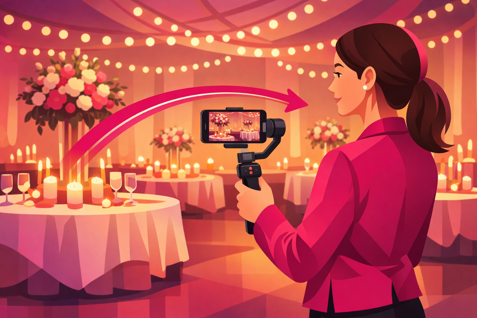 An illustration of a venue coordinator recording a slow pan of a candlelit wedding reception room on a smartphone gimbal, with an arrow tracing the camera sweep across the tables