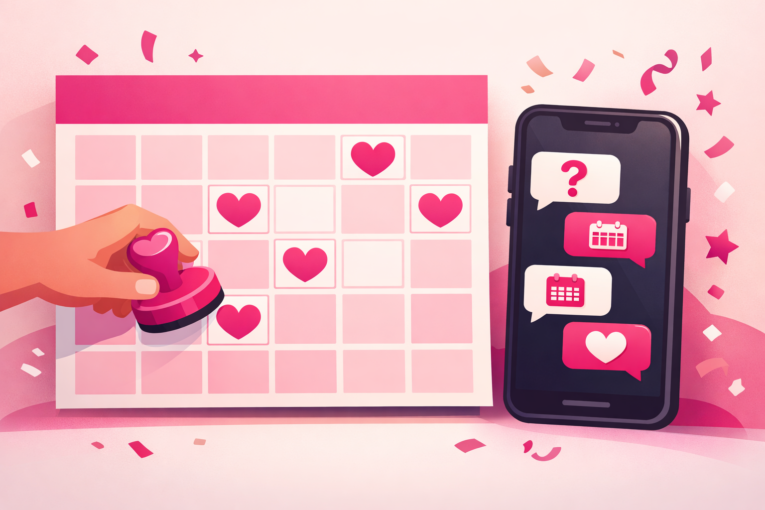 An illustration of a hand stamping heart-shaped booked marks onto open dates in a venue wall calendar, beside a smartphone filling with tour inquiry message bubbles