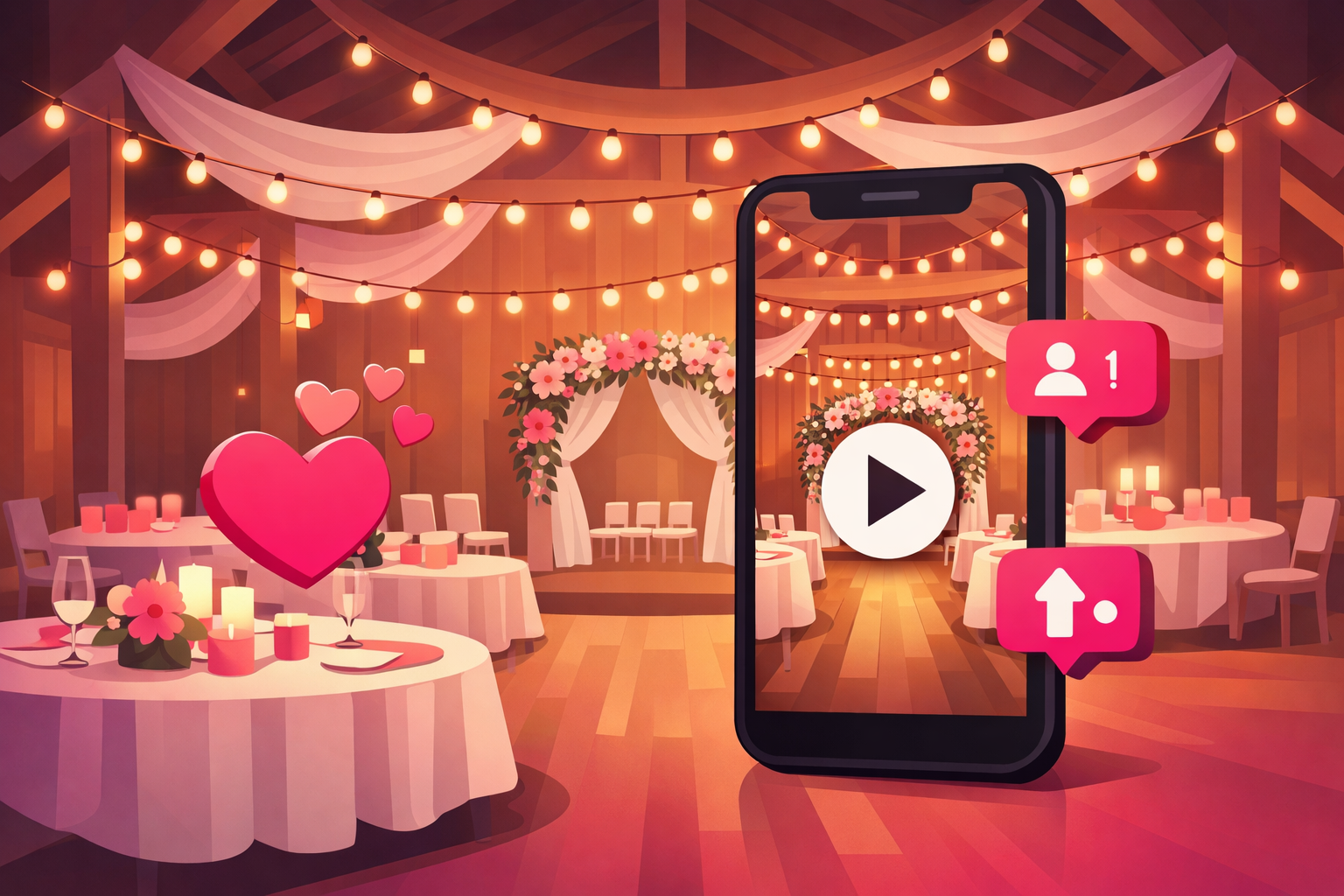 An illustration of a warmly lit barn wedding venue with string lights and a floral ceremony arch, with a smartphone in the foreground playing a vertical video tour of the same room surrounded by hearts and new-follower icons