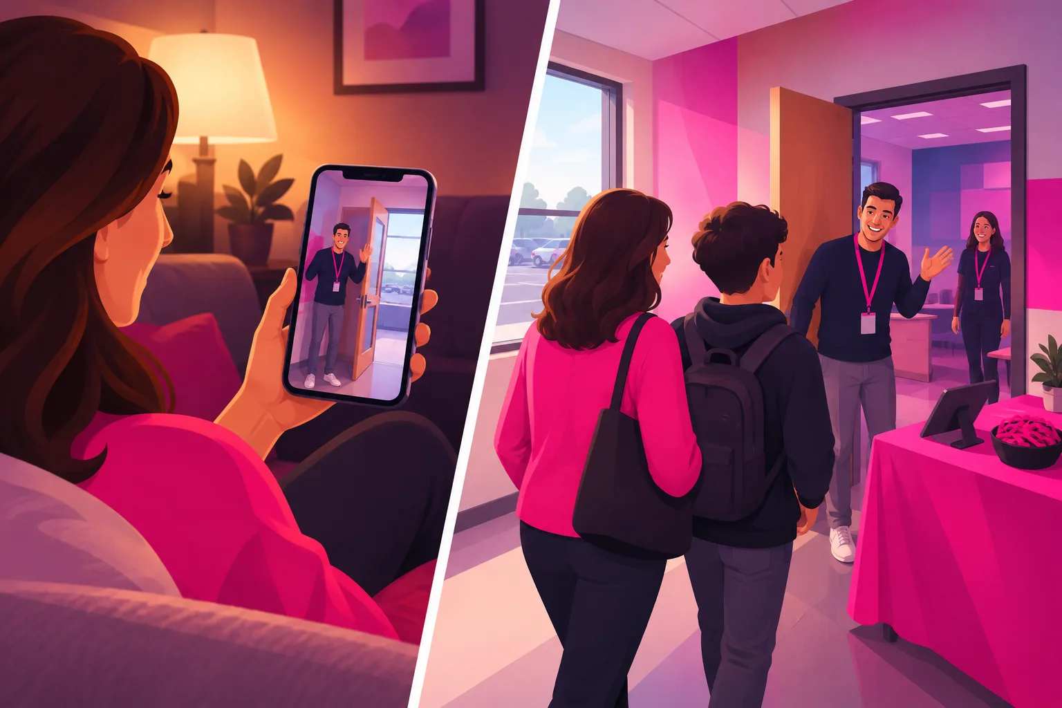 A split illustration: on the left a mother sits on a couch at home in lamplight watching a phone video of a church hallway filmed from a parent's point of view, with a youth pastor in a lanyard waving at an open classroom door; on the right the same hallway a week later as she walks her teenage son toward that door, the youth pastor greeting them, a second adult volunteer visible inside, and a sign-in table with a tablet and a bowl of lanyards