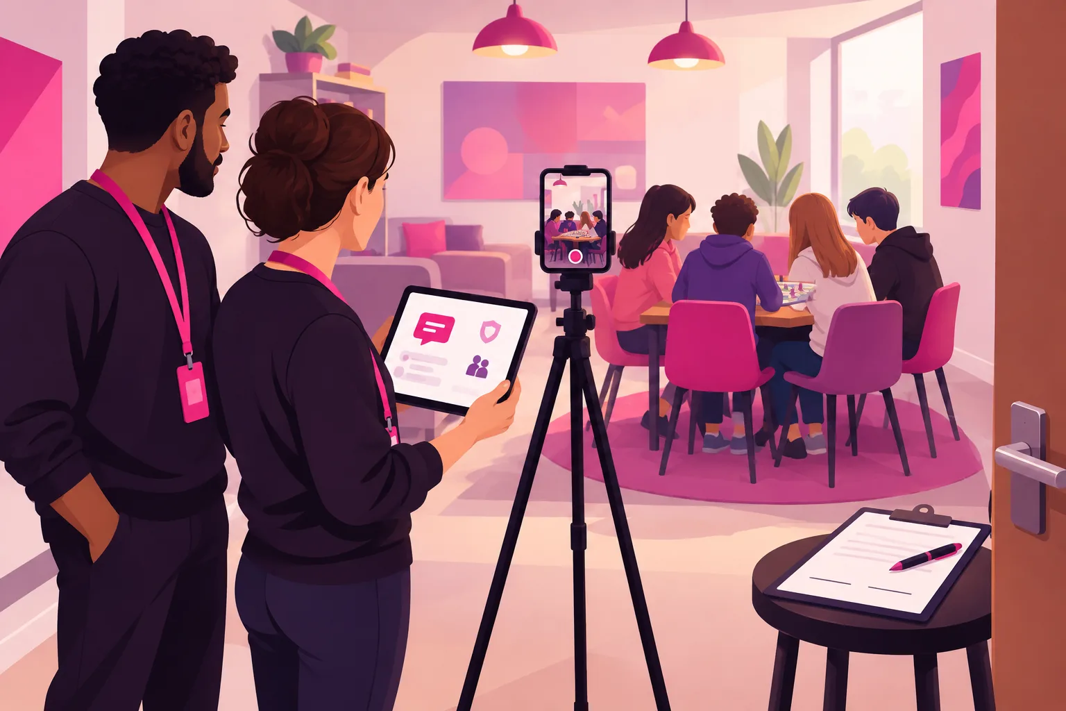 An illustration of a church youth room during filming: two adult volunteers in matching lanyards stand side by side next to a phone on a tripod aimed at a wide room where teenagers are seen only from behind playing a board game, one adult holding a tablet that shows a shared inbox with a message bubble, a small shield icon, and a parent silhouette, and a blank release form with a pen resting on a stool by the door