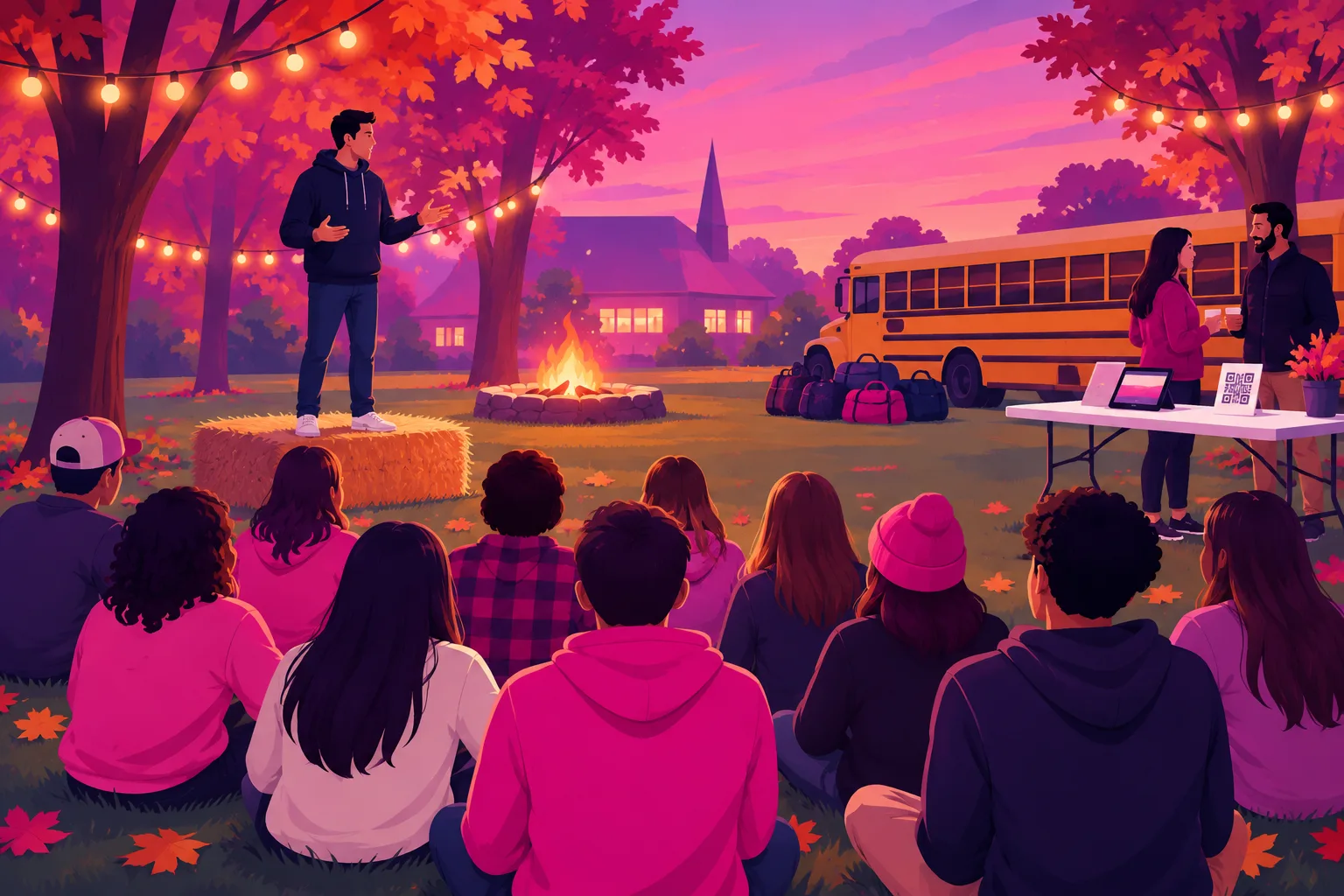An illustration of a fall kickoff night on a church lawn at dusk, with string lights between the trees, a youth pastor in a hoodie standing on a hay bale talking, a crowd of teenagers seen entirely from behind sitting on the grass, parents chatting near a folding table, a bonfire ring, autumn leaves, and a yellow school bus with a pile of camp duffel bags beside it in the background
