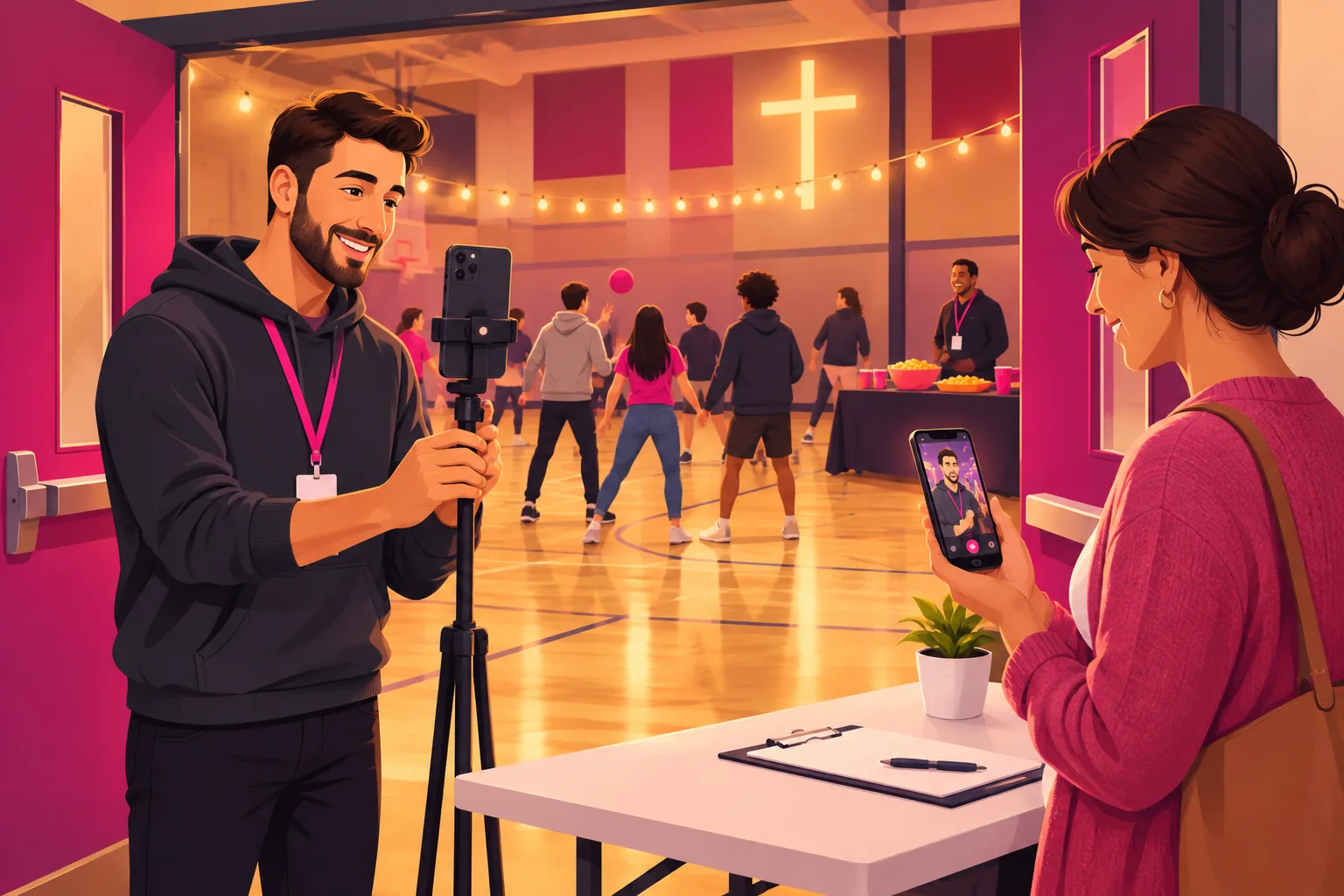 An illustration of a youth pastor in a hoodie and lanyard standing just inside the open doors of a church gym, filming a short vertical video on a phone mounted on a small tripod, while behind him a youth group game night is seen wide from the back with teenagers tossing a foam ball under string lights, a second adult volunteer laughing by the far wall, and a mother at a folding check-in table in the foreground watching the video on her own phone with a relieved smile