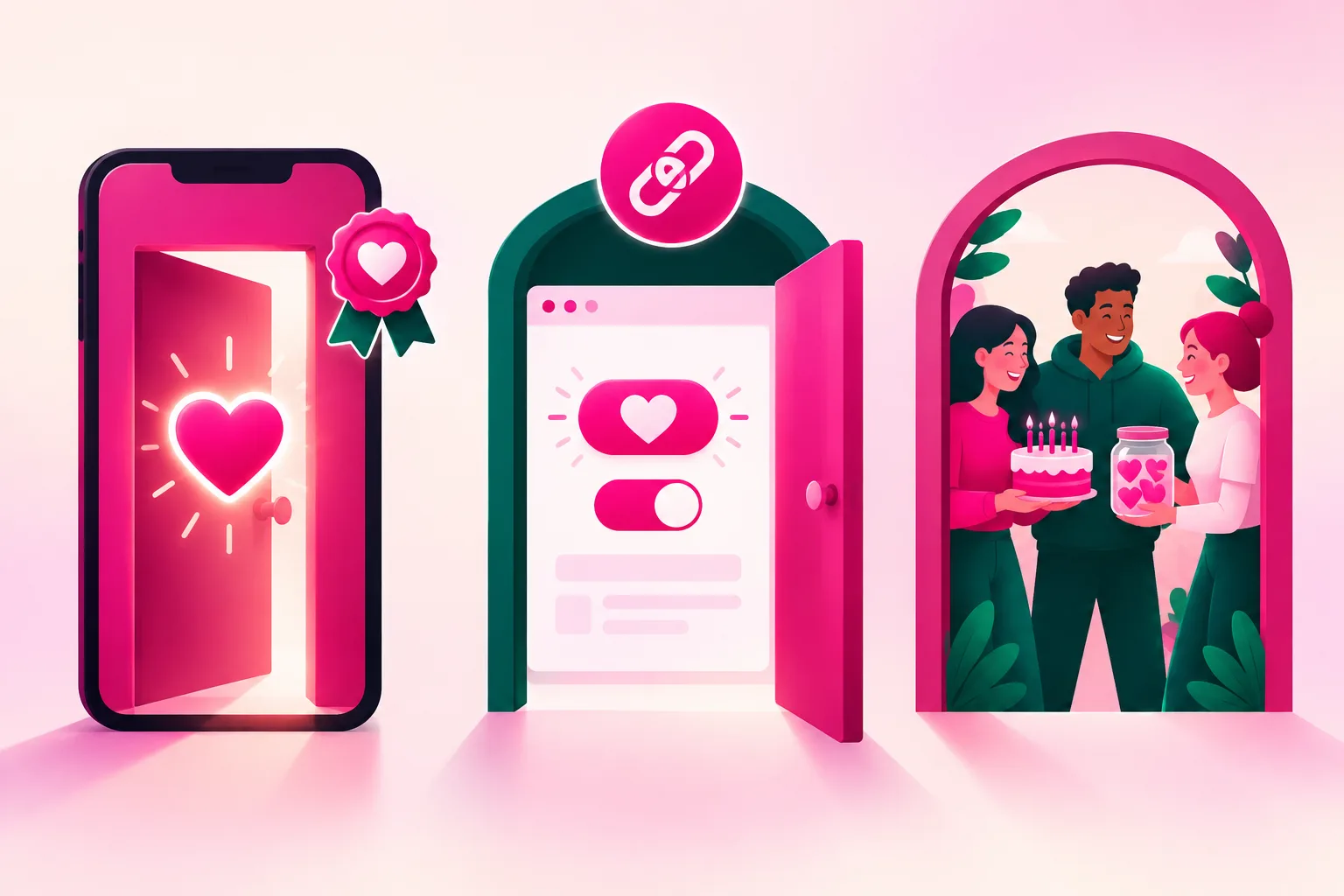 An illustration of three doorways side by side: a smartphone-shaped door with a glowing heart and a ribbon badge beside it, a doorway opening onto a simple webpage with a heart button and a toggle switch, and an arched doorway with three friends holding a birthday cake and passing a jar of hearts