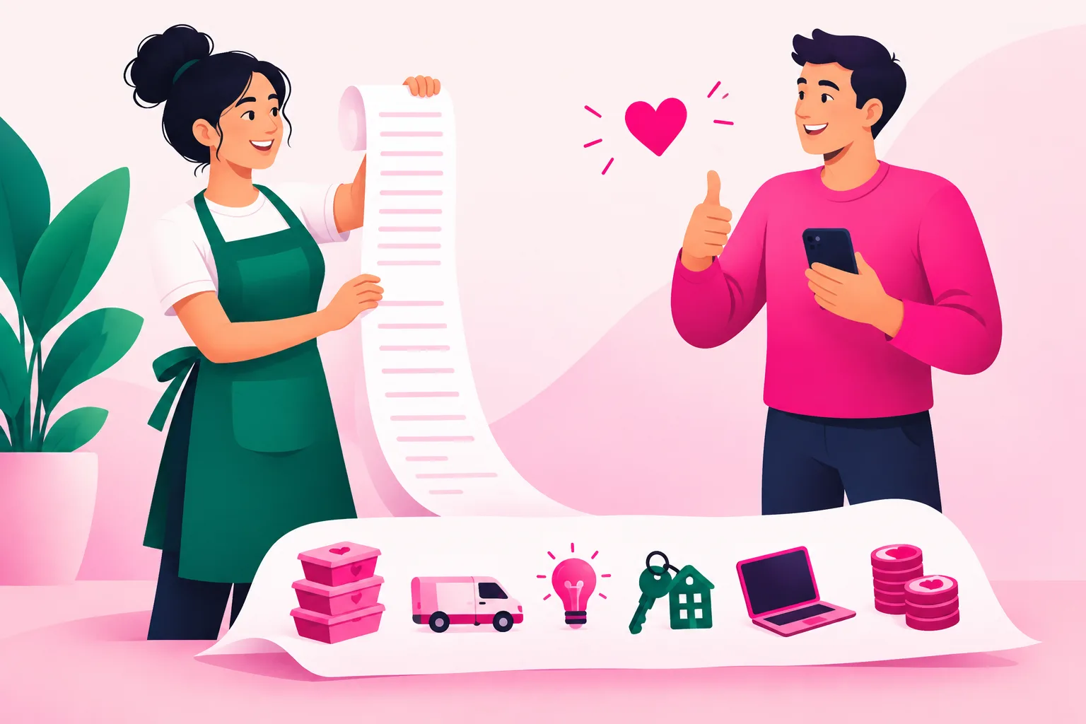 An illustration of a volunteer in a green apron holding up a very long paper receipt that unrolls to the floor and turns into a row of icons - food boxes, a delivery van, a lightbulb, keys and a building, a laptop, and a stack of coins - while a smiling donor with a phone gives a thumbs up