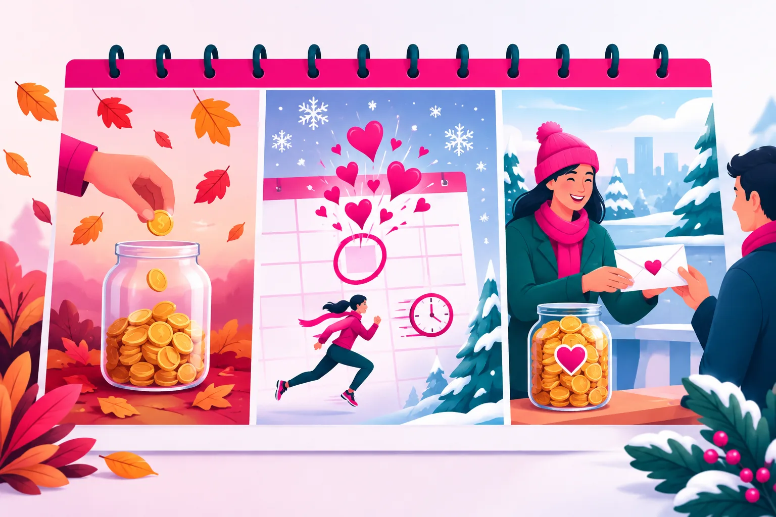 An illustration of a three-panel wall calendar: an autumn panel with falling leaves and a hand dropping a coin into a jar, a winter panel with one day circled and hearts bursting from it beside a clock and a running figure, and a January panel with a volunteer handing a donor a thank-you envelope sealed with a heart next to a full jar