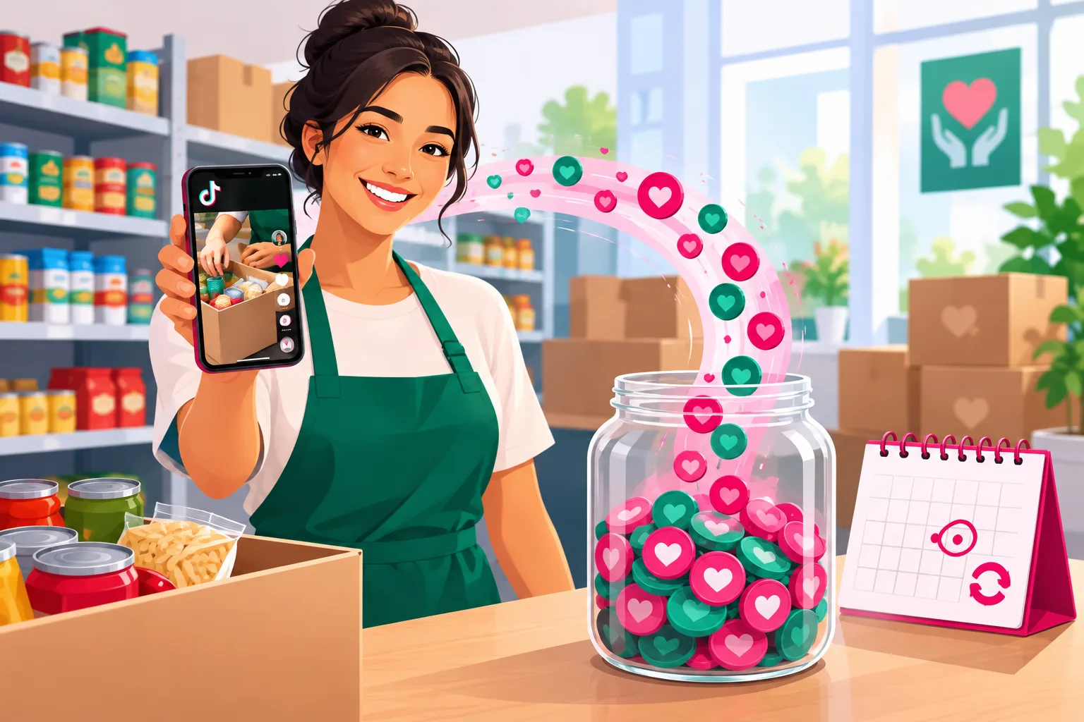 An illustration of a friendly volunteer in a green apron in a community food pantry holding up a smartphone showing a short video of hands packing a food box, with a stream of pink and green heart-shaped coins arcing from the phone into a glass donation jar beside a small calendar with one day circled and a recurring-cycle icon