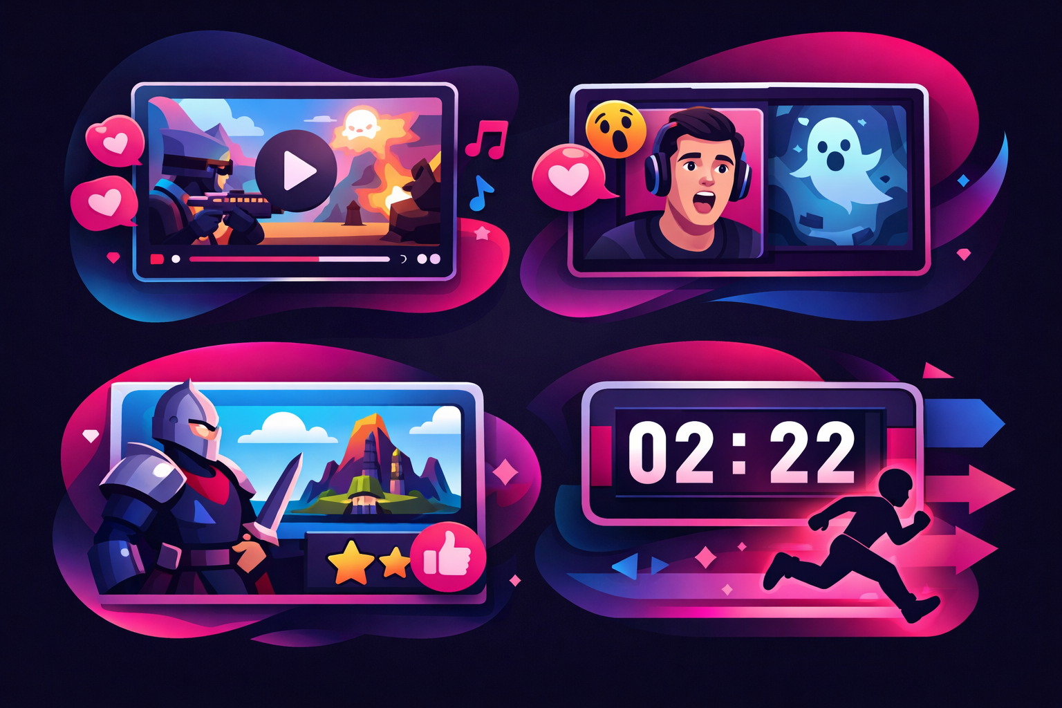 Different gaming content formats trending on TikTok including gameplay clips, reaction videos, game reviews, and speedrun timers arranged in a grid