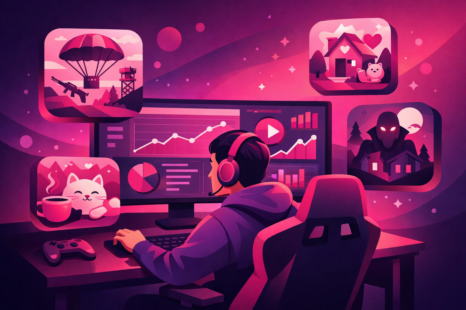 A gaming creator at their desk analyzing trending content on a monitor with analytics dashboards and floating game icons representing different trending genres