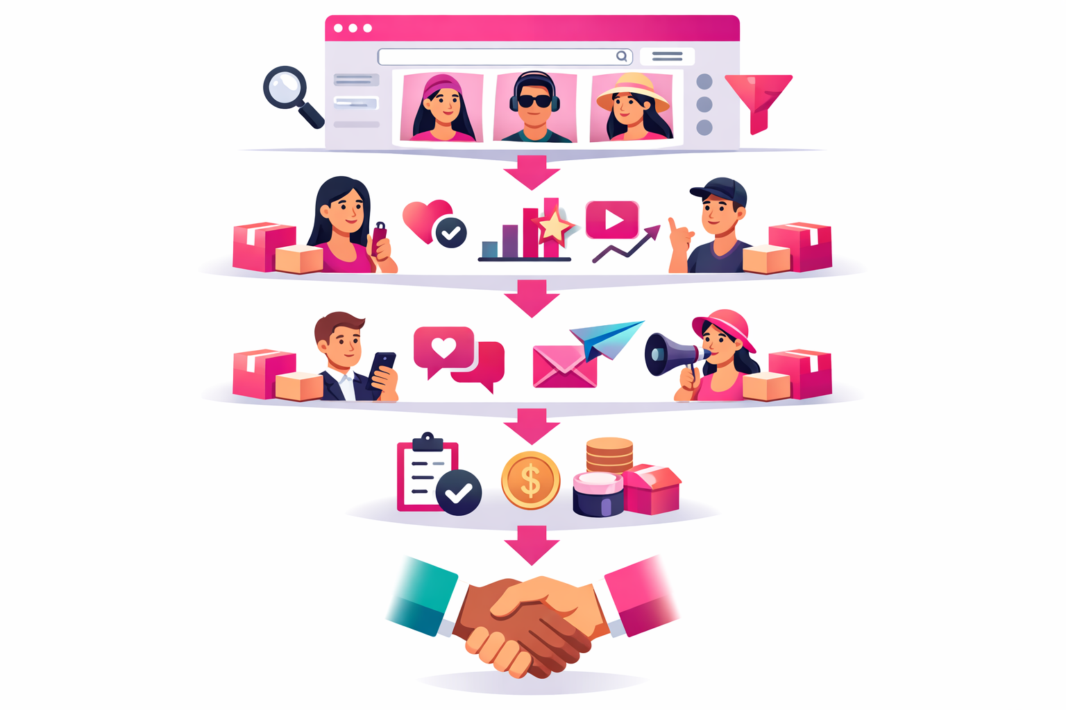 Influencer outreach funnel showing stages from creator discovery and evaluation through outreach, negotiation, and partnership agreement
