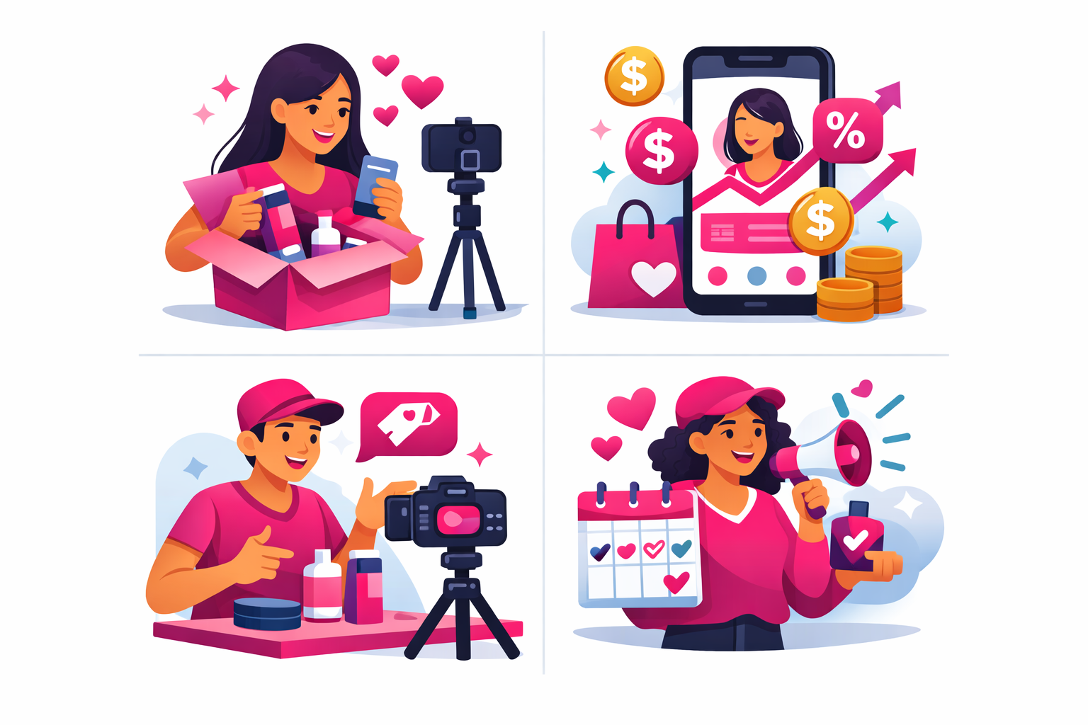 Four types of TikTok influencer partnerships for e-commerce showing product seeding, affiliate commissions, sponsored content, and brand ambassador models