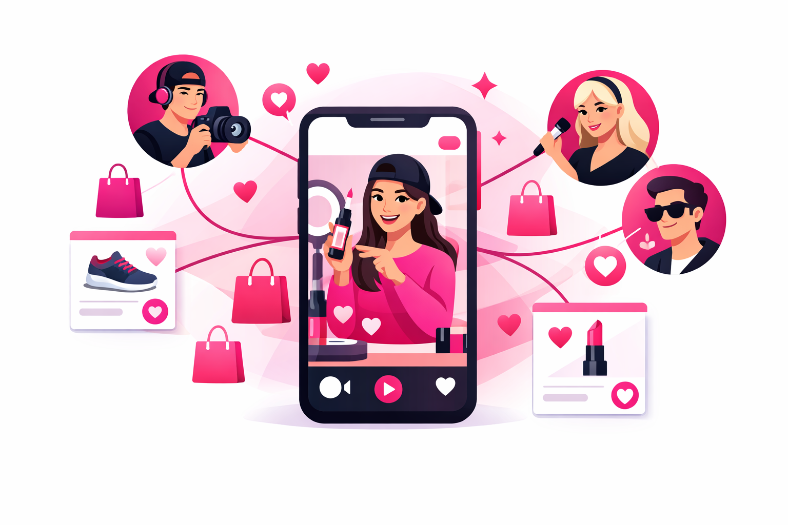 E-commerce brand collaborating with TikTok influencers showing creator filming product review connected to multiple creator profiles and product cards