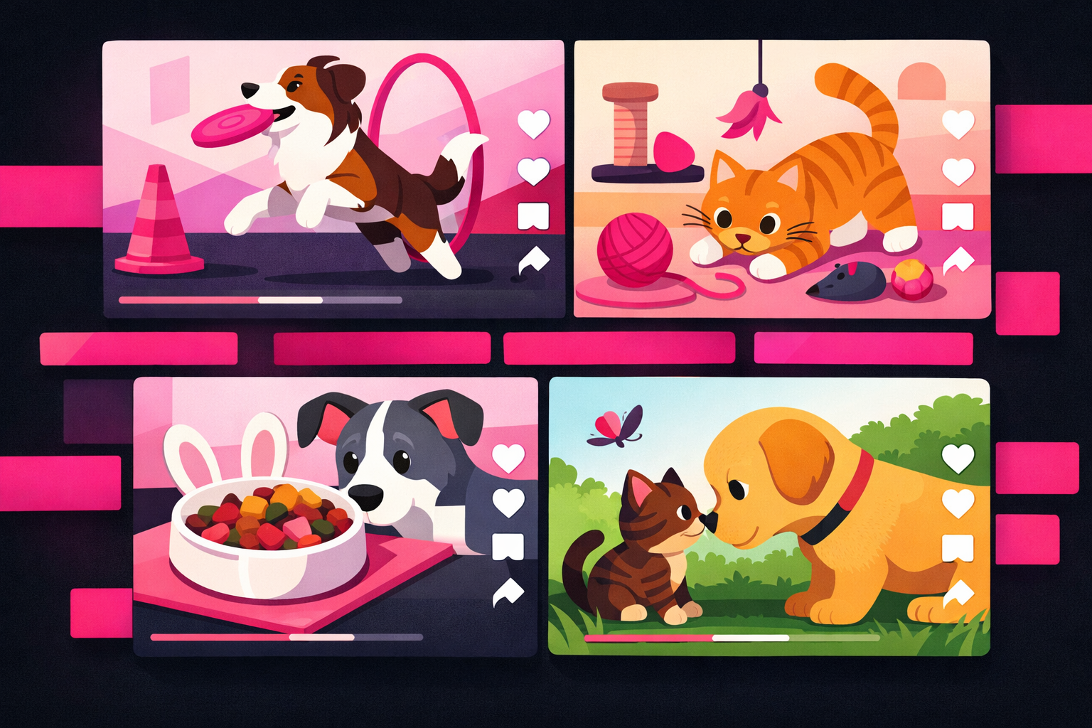 Grid of diverse pet video concepts showing a dog doing tricks, a cat playing with toys, a pet trying food, and a puppy meeting another animal