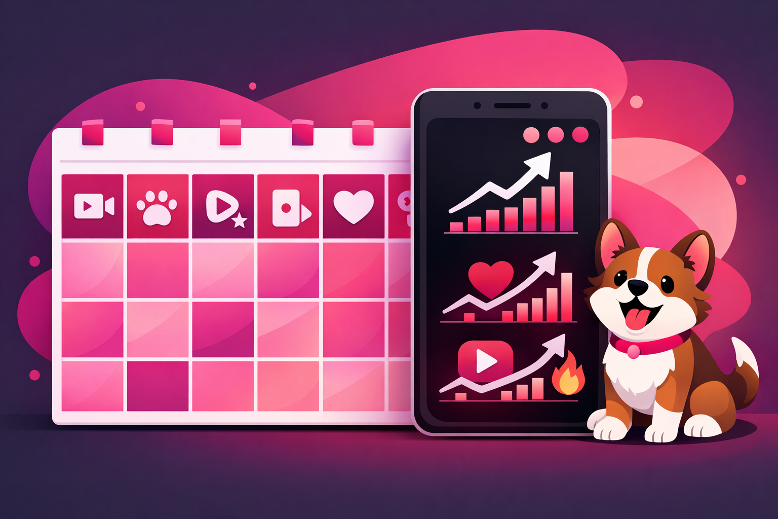 A pet content calendar showing different video types mapped to each day alongside a smartphone displaying upward trending analytics