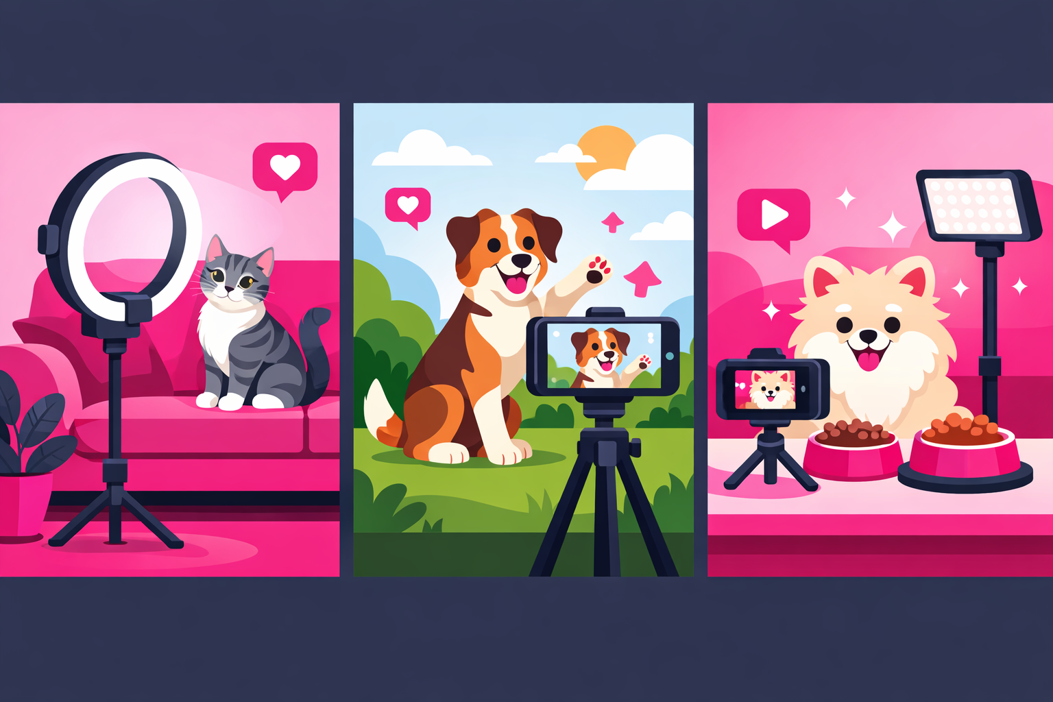 Different pet video filming setups showing a ring light with a cat, a smartphone on a tripod filming a dog outdoors, and a food reaction video setup