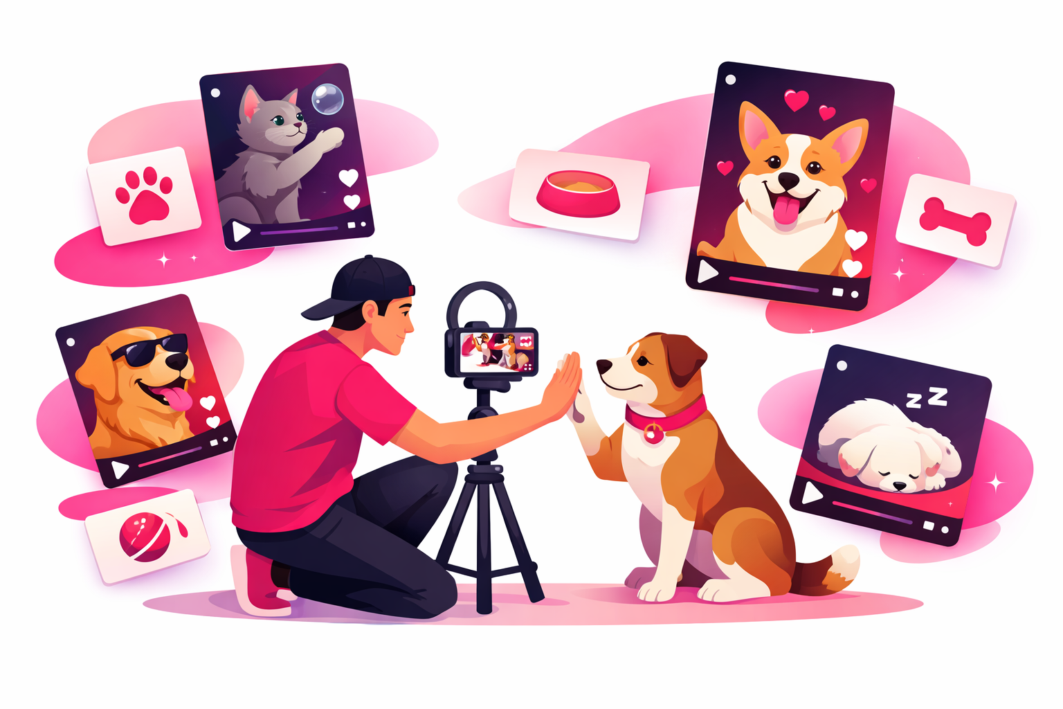 A pet content creator filming their dog with a smartphone surrounded by TikTok-style video frames showing different pet video concepts