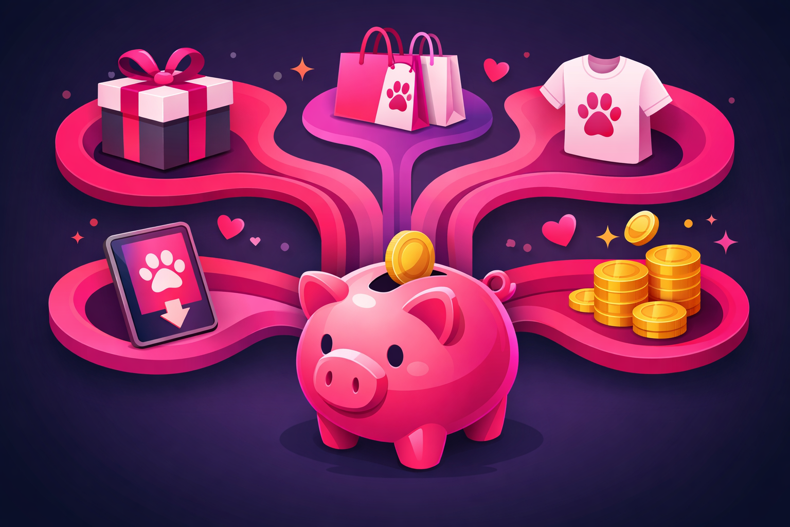 Five different pet monetization streams flowing into a piggy bank including brand sponsorships, affiliate marketing, merchandise, digital products, and creator fund coins
