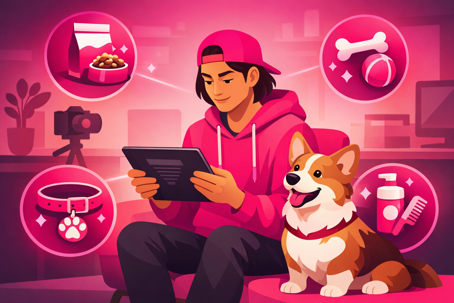 A pet creator reviewing brand partnership details on a tablet while their dog sits beside them, surrounded by floating icons of pet food, toys, accessories, and grooming products