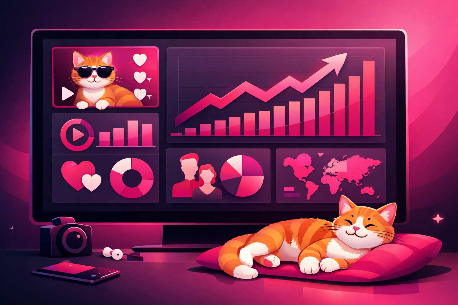A TikTok analytics dashboard showing upward trending revenue graphs and engagement metrics with a cat lounging nearby