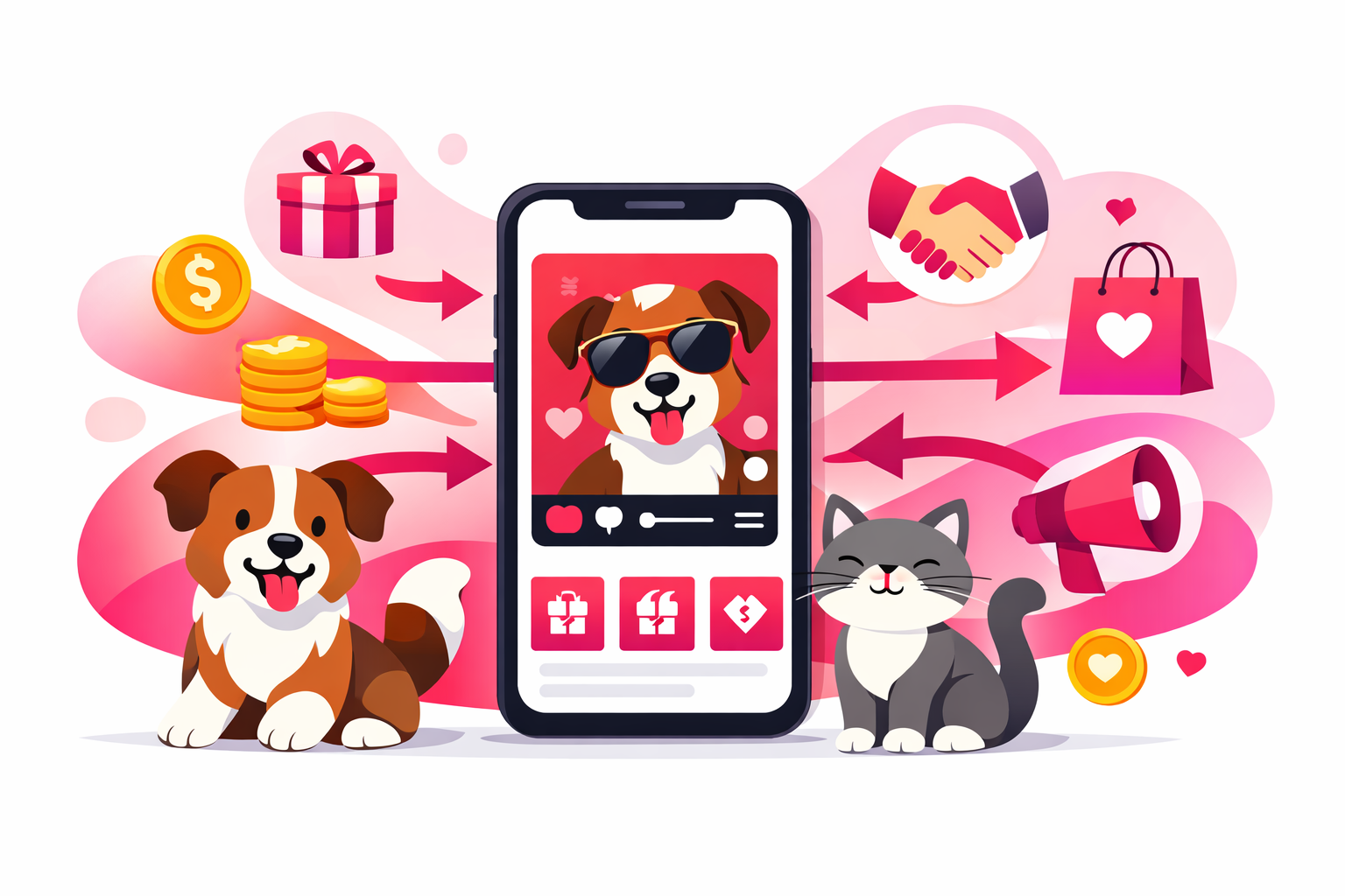 A cute dog and cat next to a smartphone showing a TikTok pet profile with revenue stream icons including gift boxes, coins, and brand partnership handshakes flowing outward