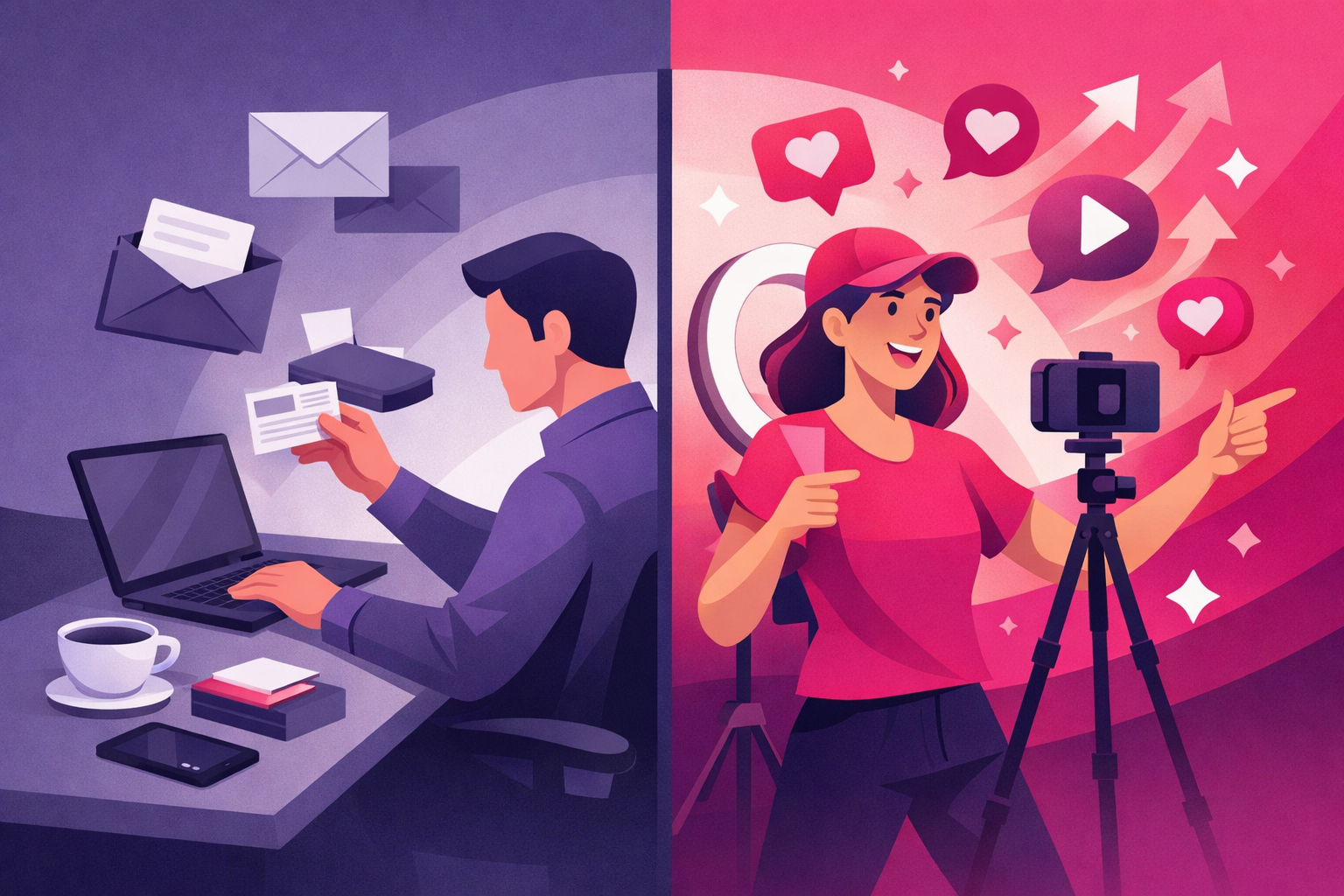 Split visualization comparing traditional marketing methods with dynamic TikTok content creation and engagement