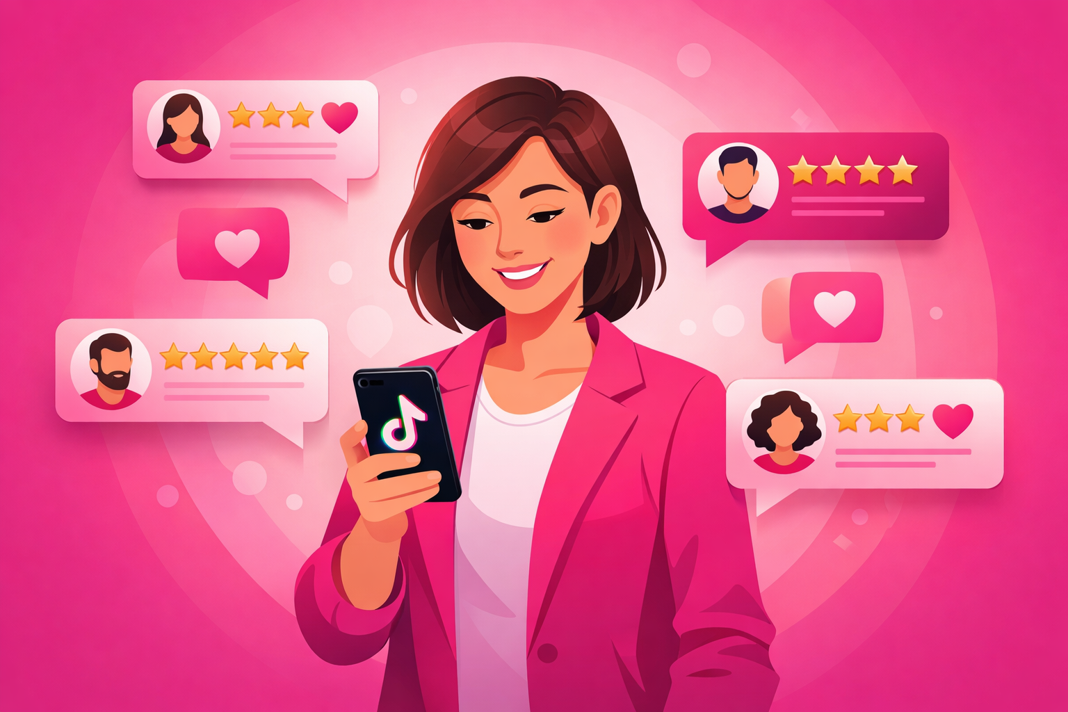 Service professional surrounded by floating testimonials and star ratings from satisfied clients