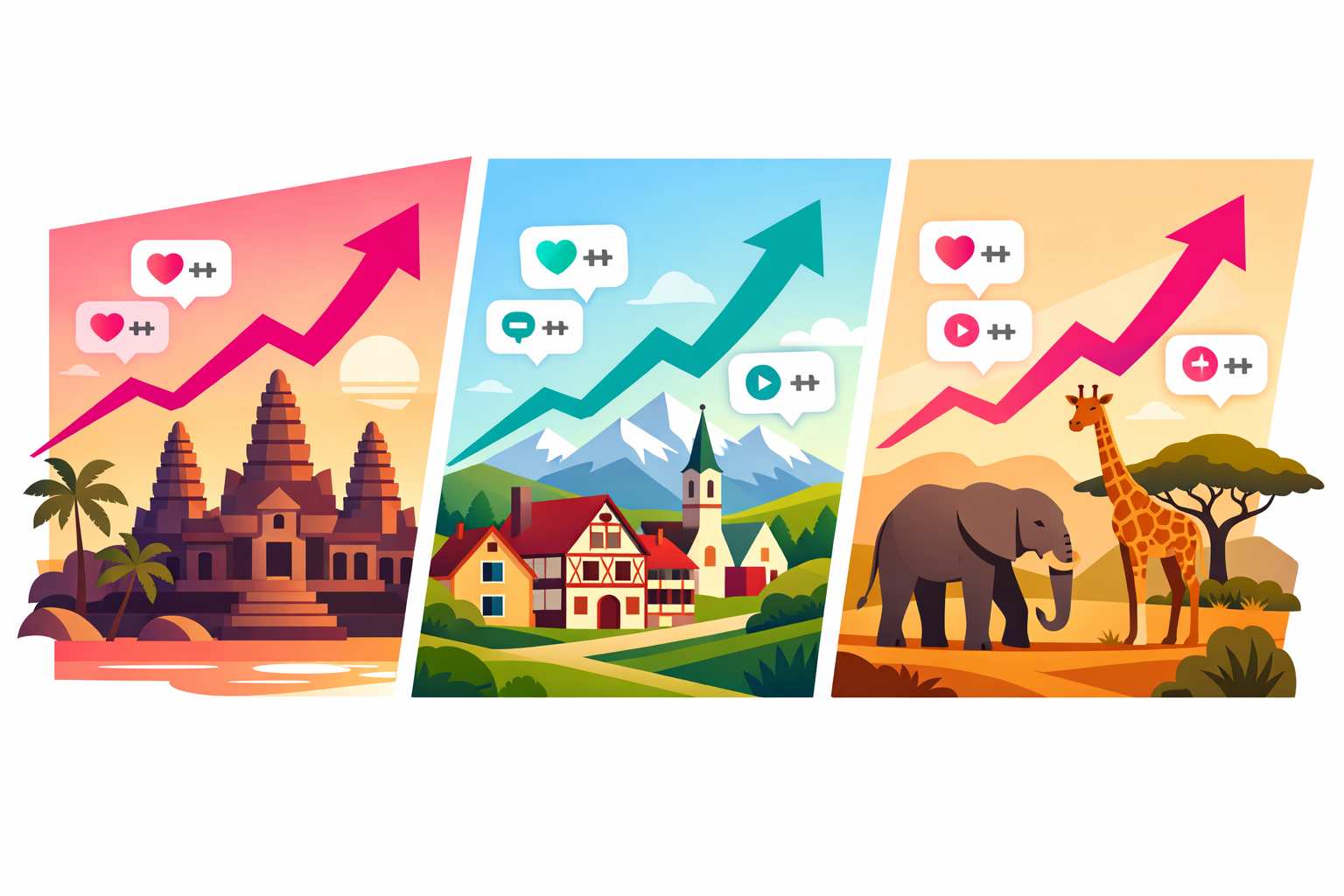 Three trending travel destinations for 2026 showing Southeast Asian temples, European countryside villages, and African safari landscapes with engagement metrics