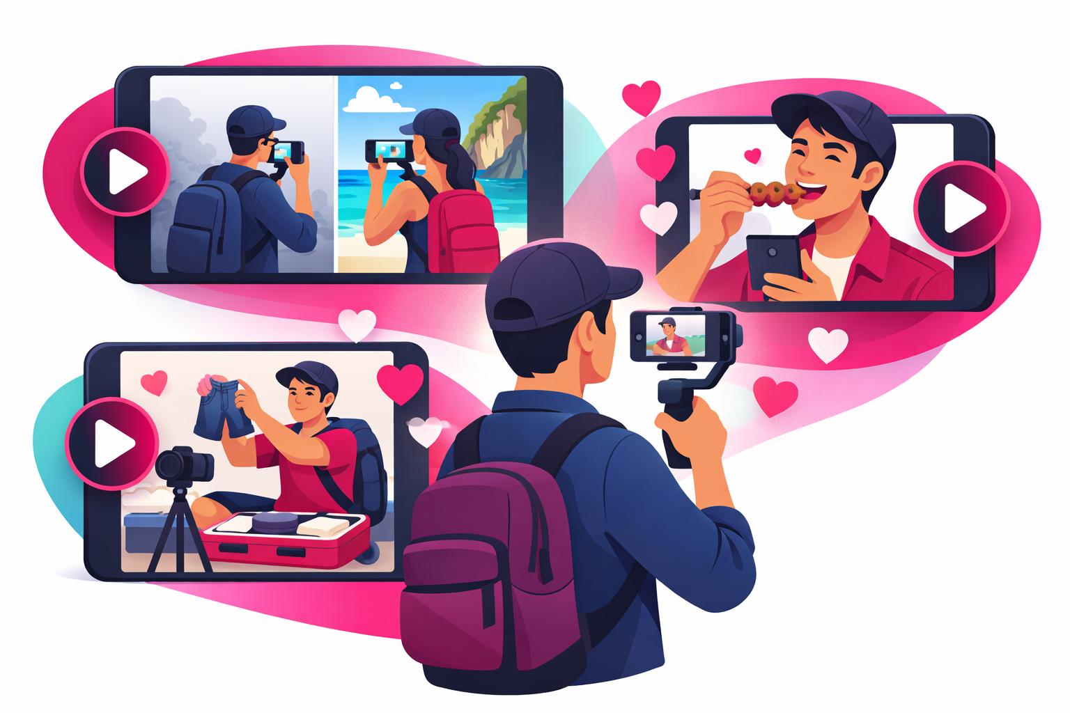 A travel creator filming different viral content formats on their phone including destination reveals, packing videos, and street food taste tests