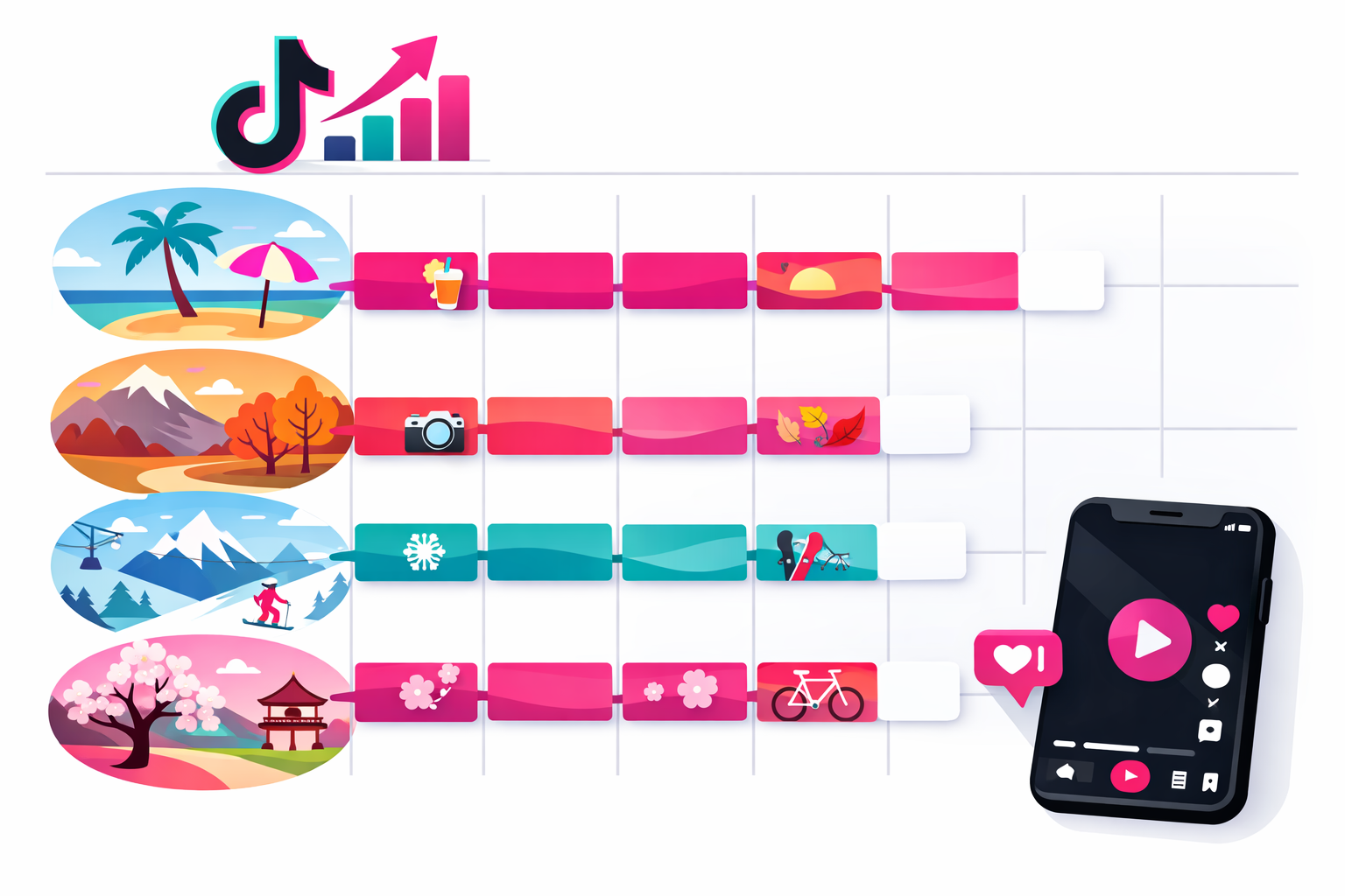 A seasonal travel content calendar showing different travel types mapped across seasons with summer beaches, autumn foliage, winter ski resorts, and spring cherry blossoms