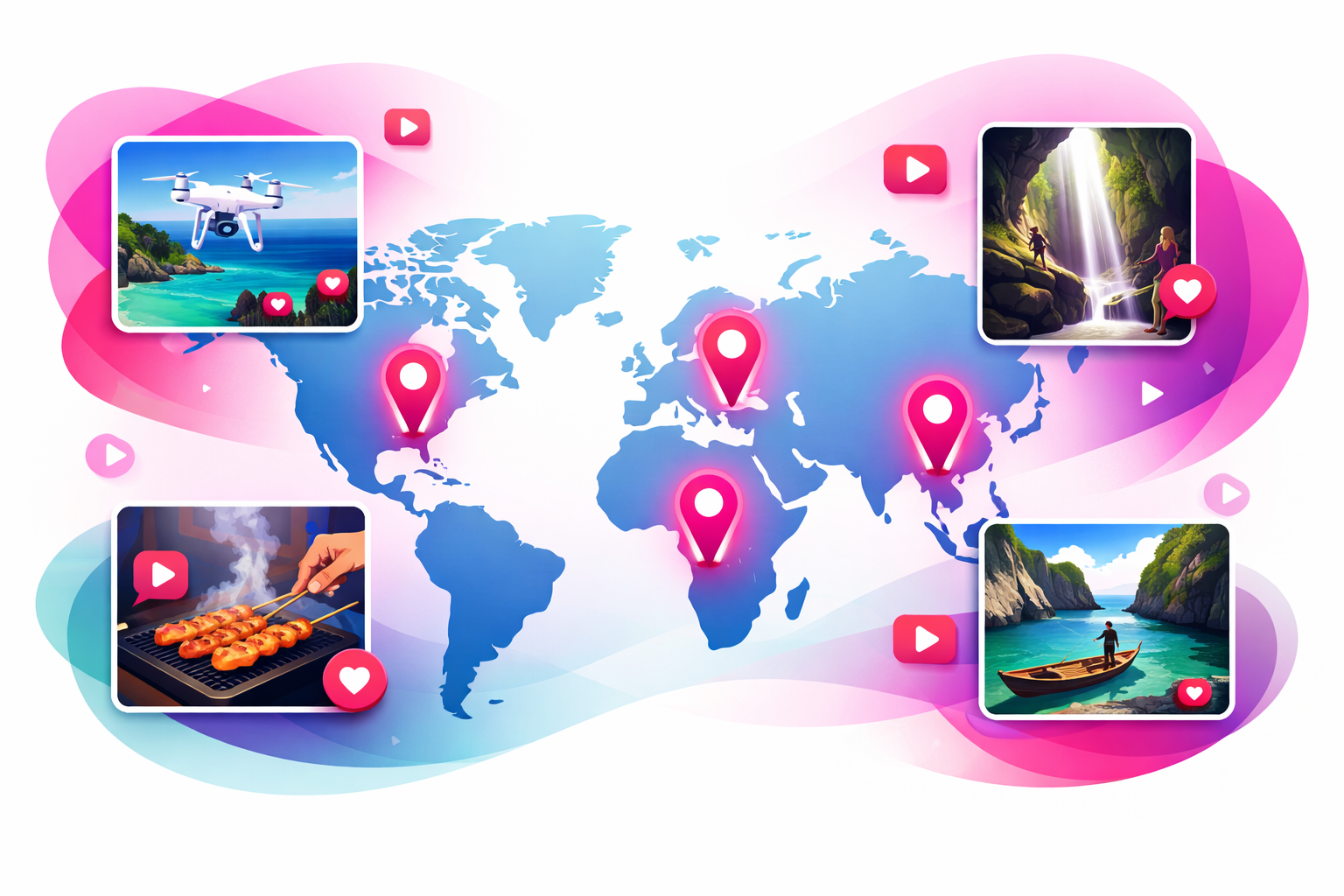 A world map with trending travel destinations highlighted by glowing pins, surrounded by TikTok-style video cards showing viral travel content like drone shots, street food, and hidden gems