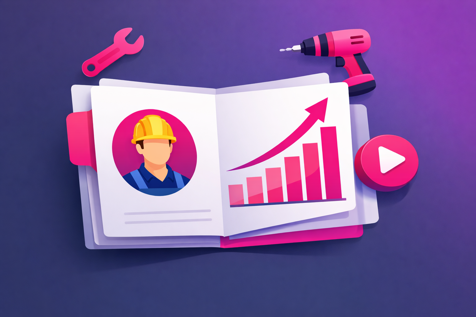 An illustrated creator media kit folder showing an upward-trending bar chart, a profile avatar of a tradesperson in a hard hat, and floating wrench, drill, and video play icons