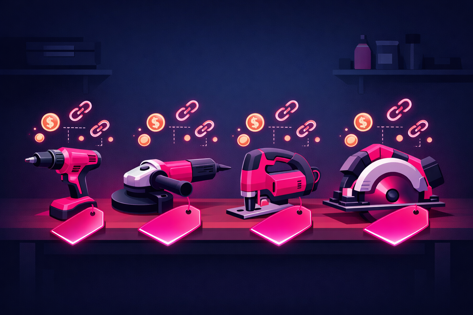 An illustrated workbench of power tools with glowing price tags and floating coins and link icons above each tool, representing affiliate earnings on gear