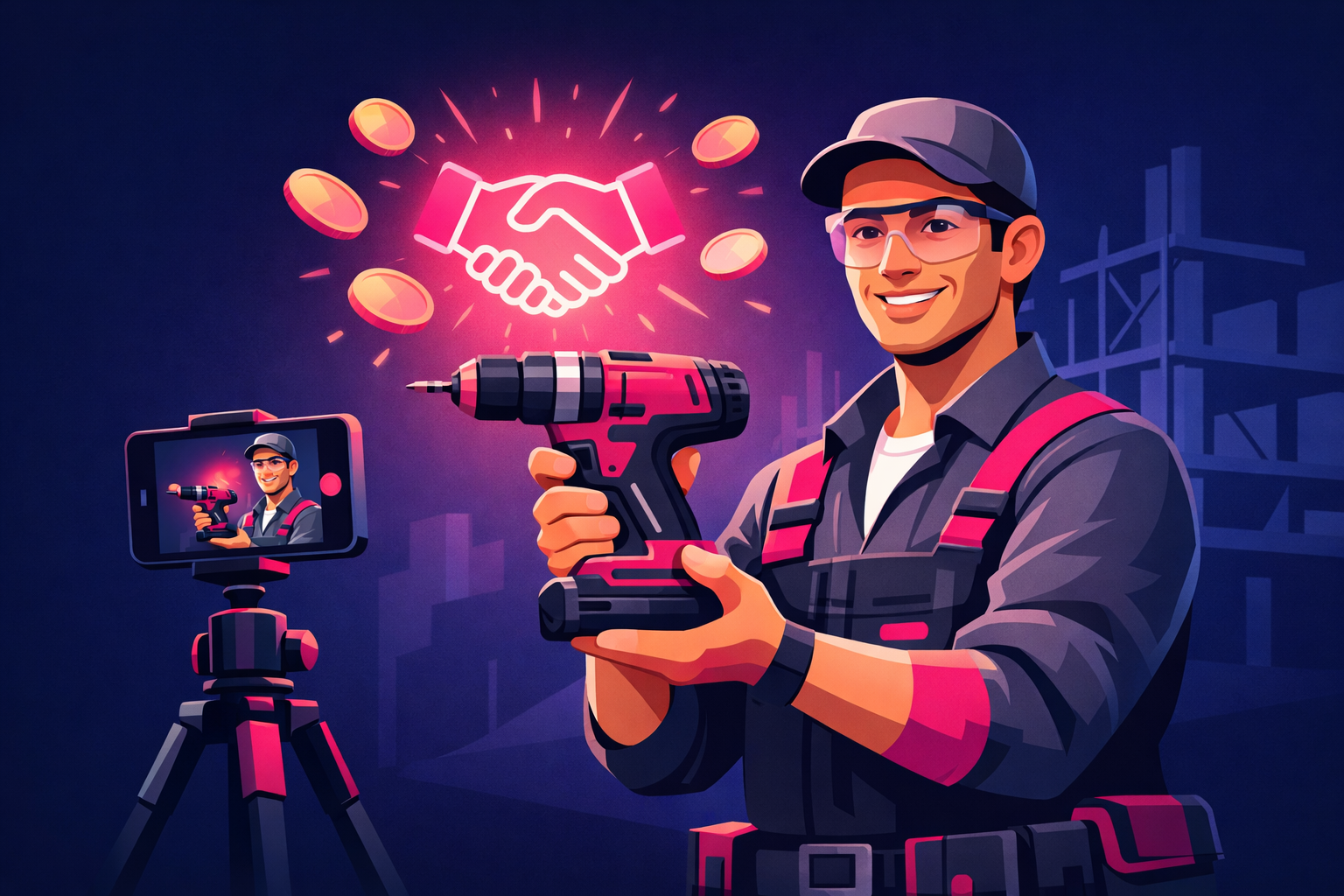 A contractor in safety glasses on a job site holds up a cordless drill while a smartphone on a tripod films him, with coins and a glowing handshake icon floating above the tool