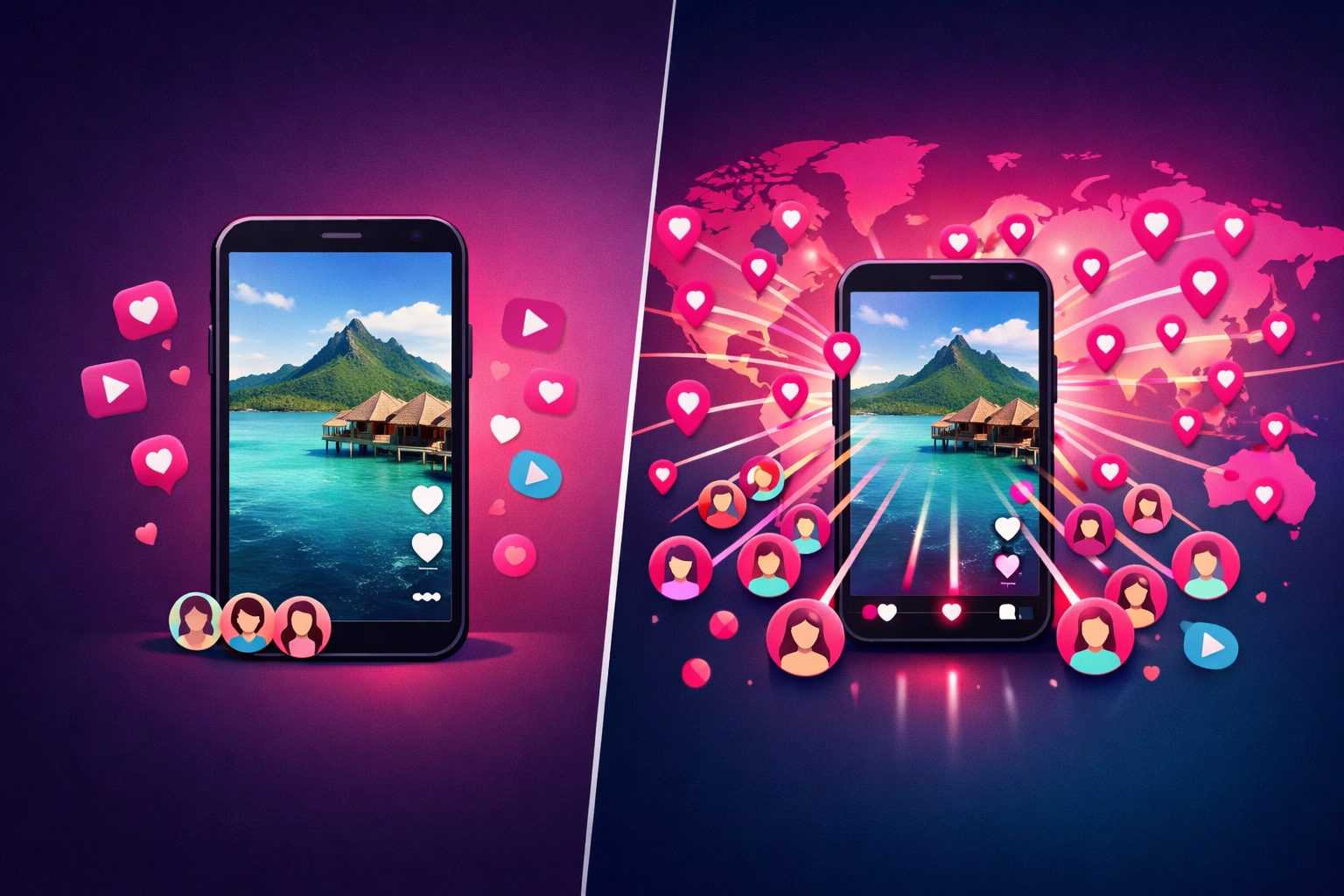 Comparison of organic reach versus paid advertising reach for travel content showing a single video with modest views on one side and the same video reaching viewers globally on the other