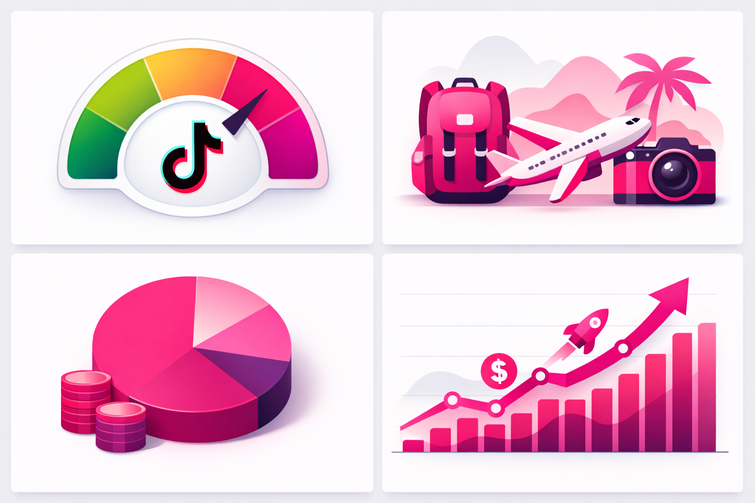 A dashboard showing TikTok advertising metrics for travel creators including cost per follower, audience targeting segments, budget allocation, and ROI performance trending upward