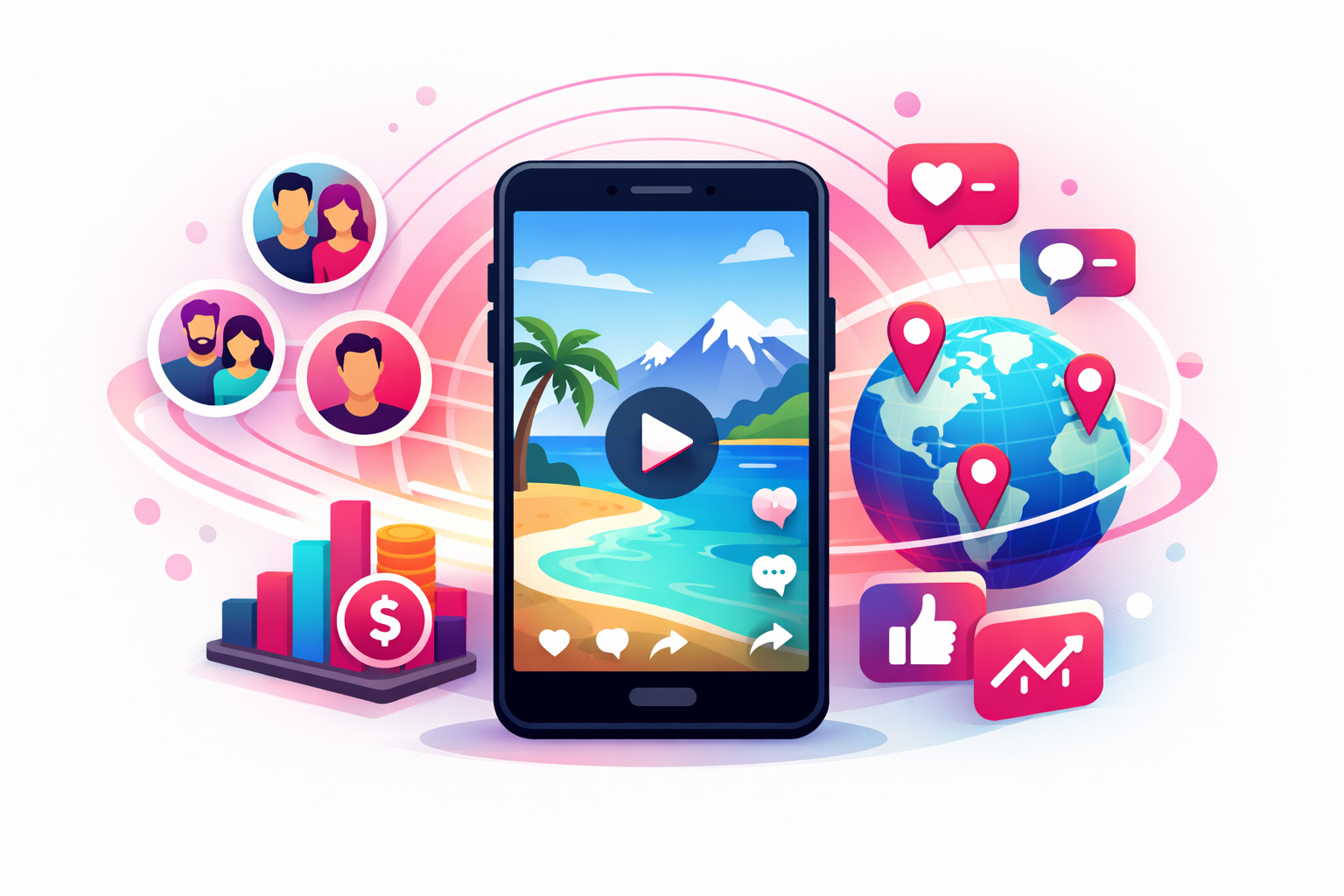 A smartphone showing a travel video with advertising targeting icons, audience segments, location pins on a globe, and engagement metrics radiating outward