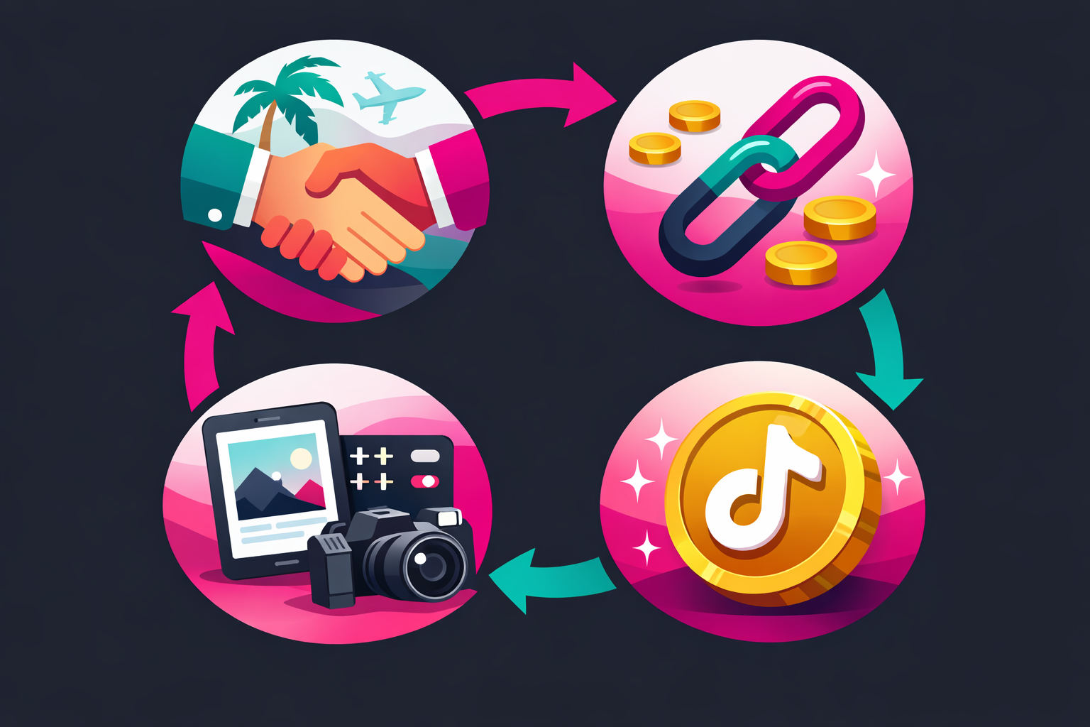 Circular flow diagram showing four revenue streams for travel creators: brand deal handshakes, affiliate link chains, digital product icons, and TikTok creator fund coins