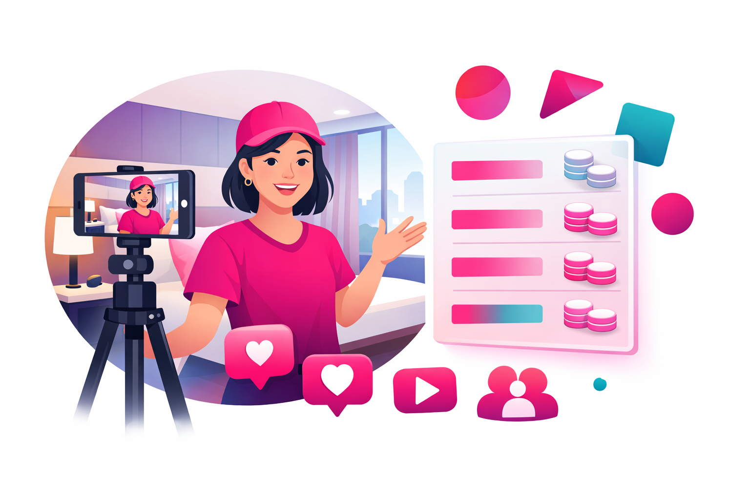 A travel creator filming a sponsored hotel room tour with a phone on a tripod, with a rate card and engagement metrics visible