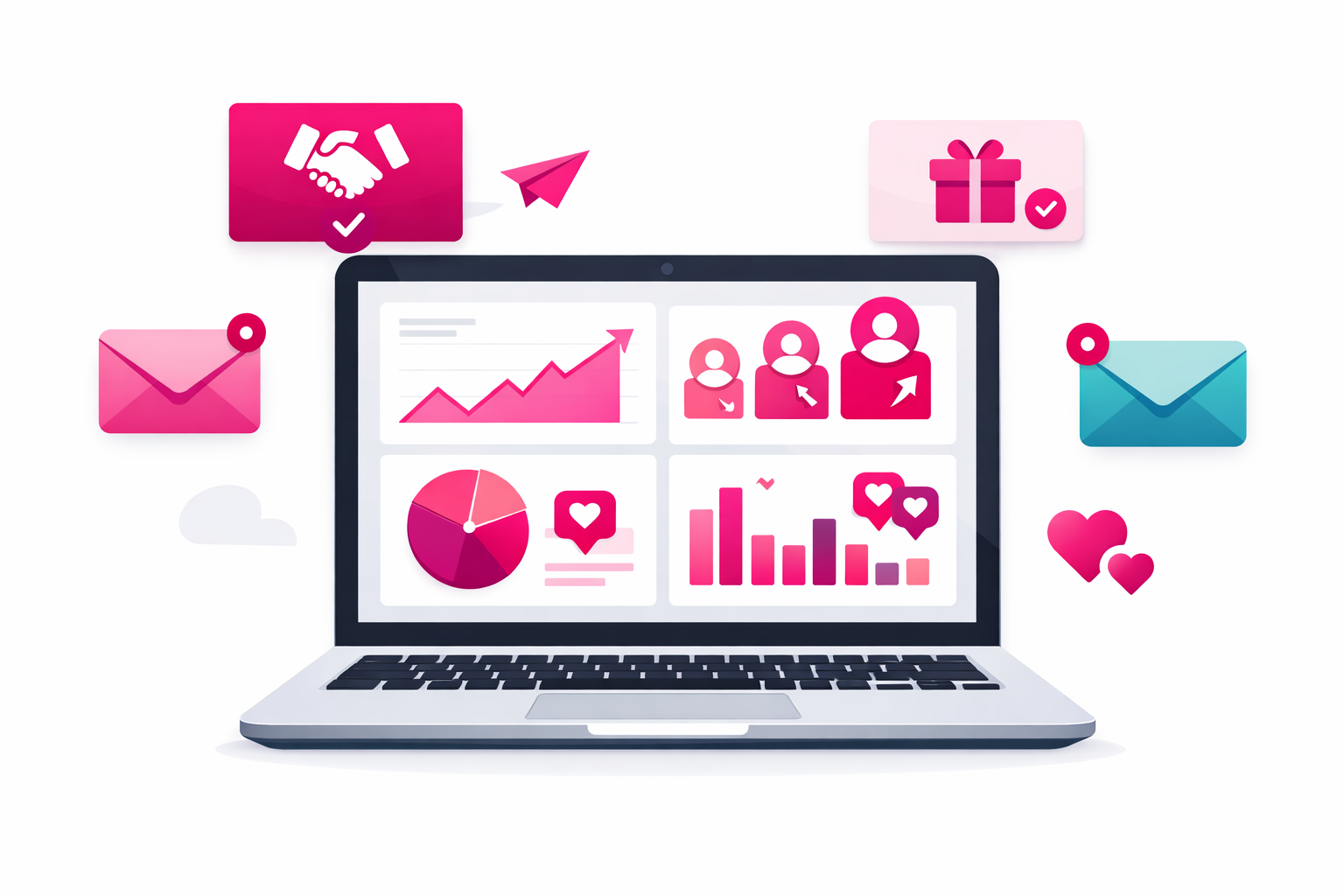 A laptop screen showing a media kit with analytics graphs, follower milestones, and engagement rates, surrounded by brand partnership notifications and email icons