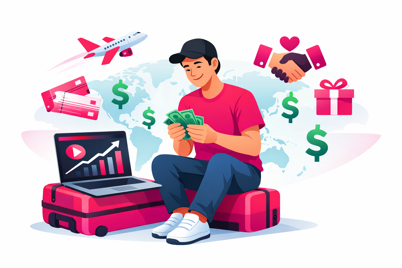 A travel creator sitting on a suitcase counting money with a laptop showing TikTok analytics, surrounded by dollar signs, brand partnership icons, and a world map