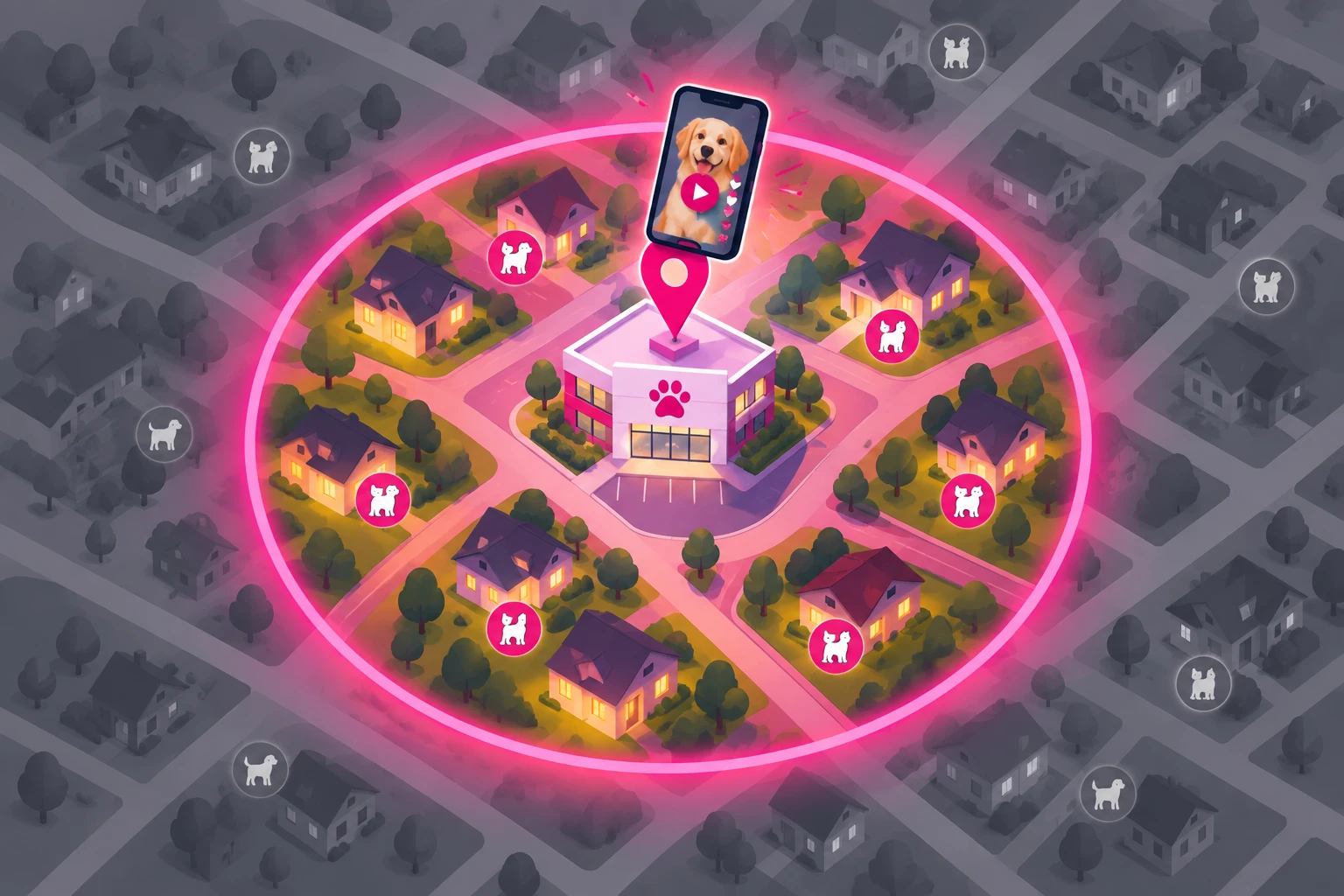 An illustration of a neighborhood map from above with a clinic at the center, a glowing pink drive-radius ring around it, houses with dog and cat icons lit up inside the ring, and the map fading to grey with unreached pets far outside it