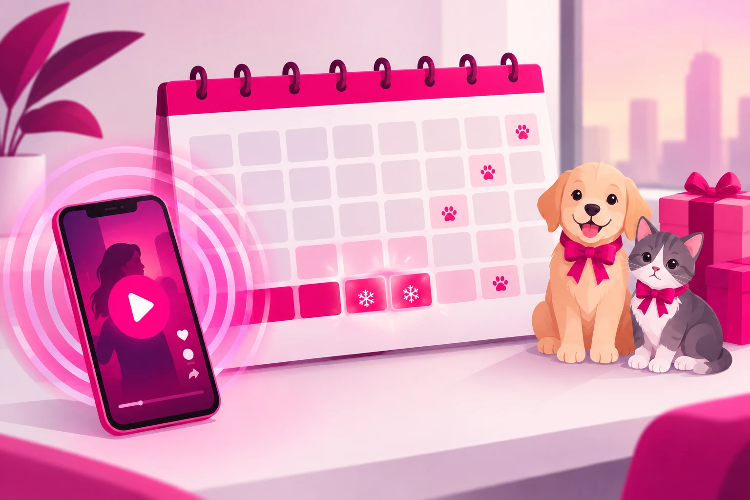 An illustration of a yearly calendar where the late-autumn and December months glow pink with amplification rings around a phone showing a video play button, a puppy and kitten with gift bows sit near January, and a few later months are marked with small paw icons