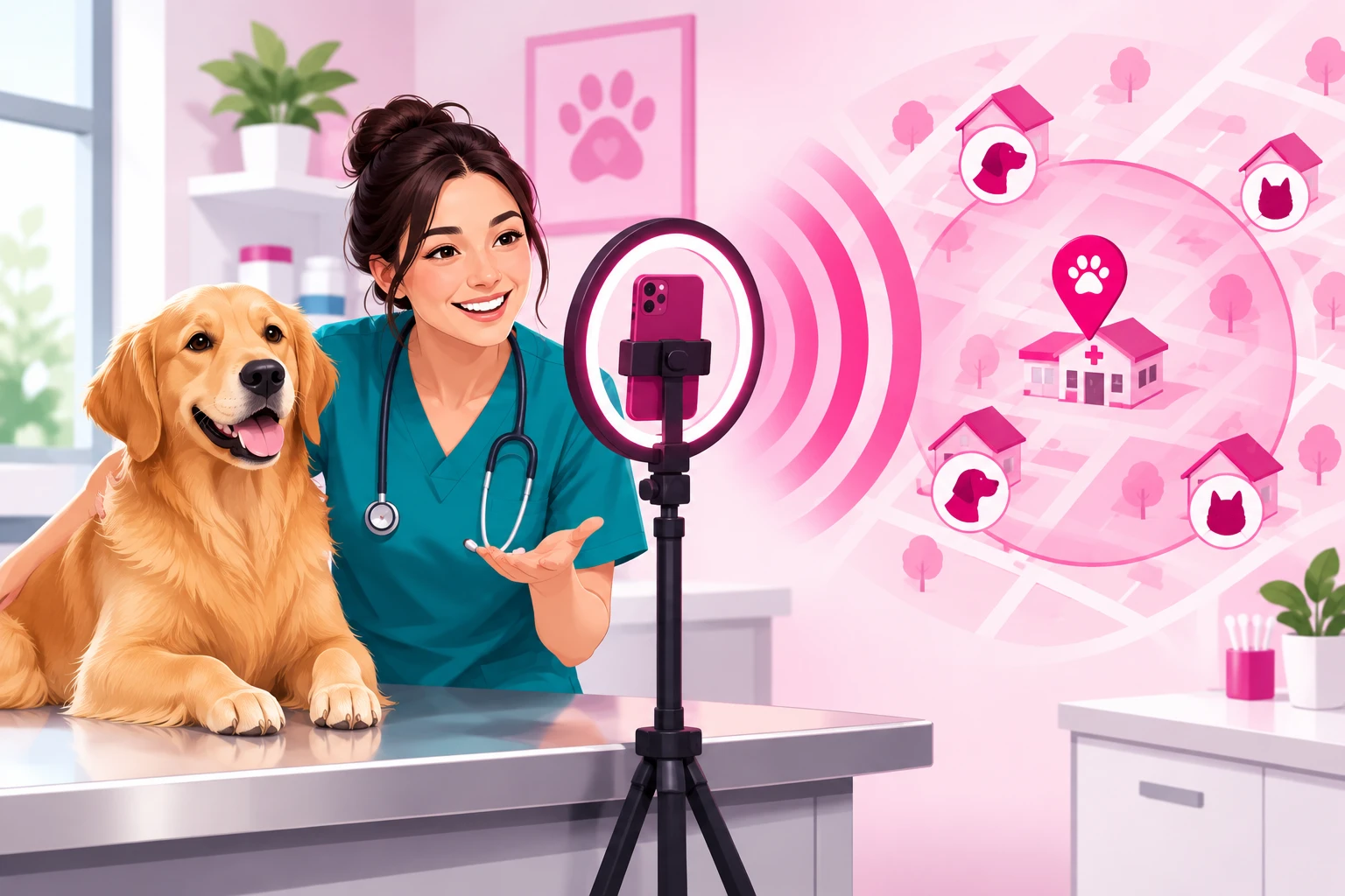An illustration of a veterinarian in teal scrubs filming herself on a smartphone ring light at an exam table beside a golden retriever, with pink amplification waves reaching a neighborhood map that has a drive-radius ring around a clinic pin and small houses with pets inside it