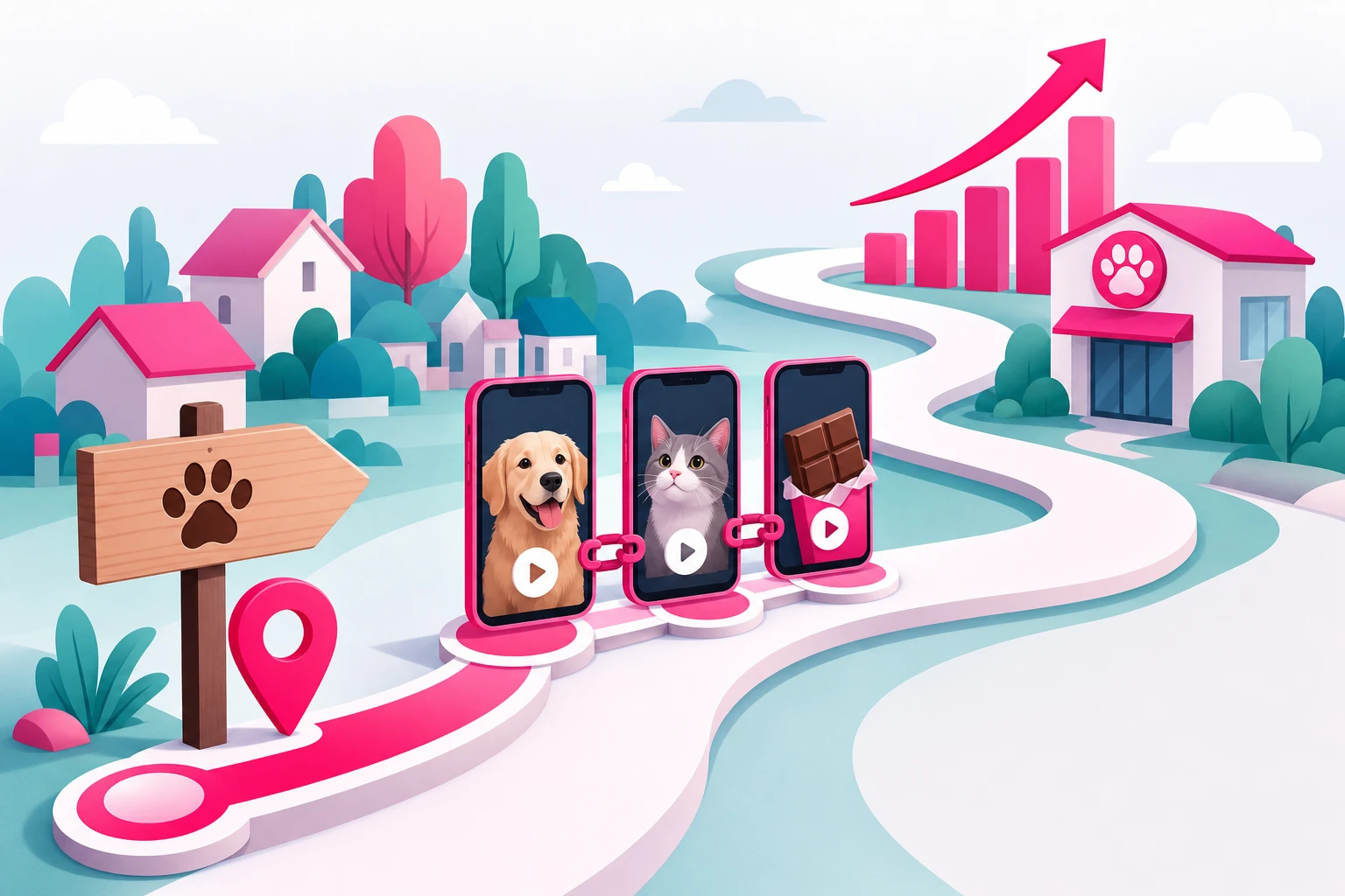 An illustration of a 90-day growth roadmap as a winding path through a small town with three milestone flags: a signpost with a paw print and a map pin, a chain of linked video thumbnails showing a dog, a cat, and a chocolate bar forming a series, and a rising arrow over a bar chart beside a small vet clinic