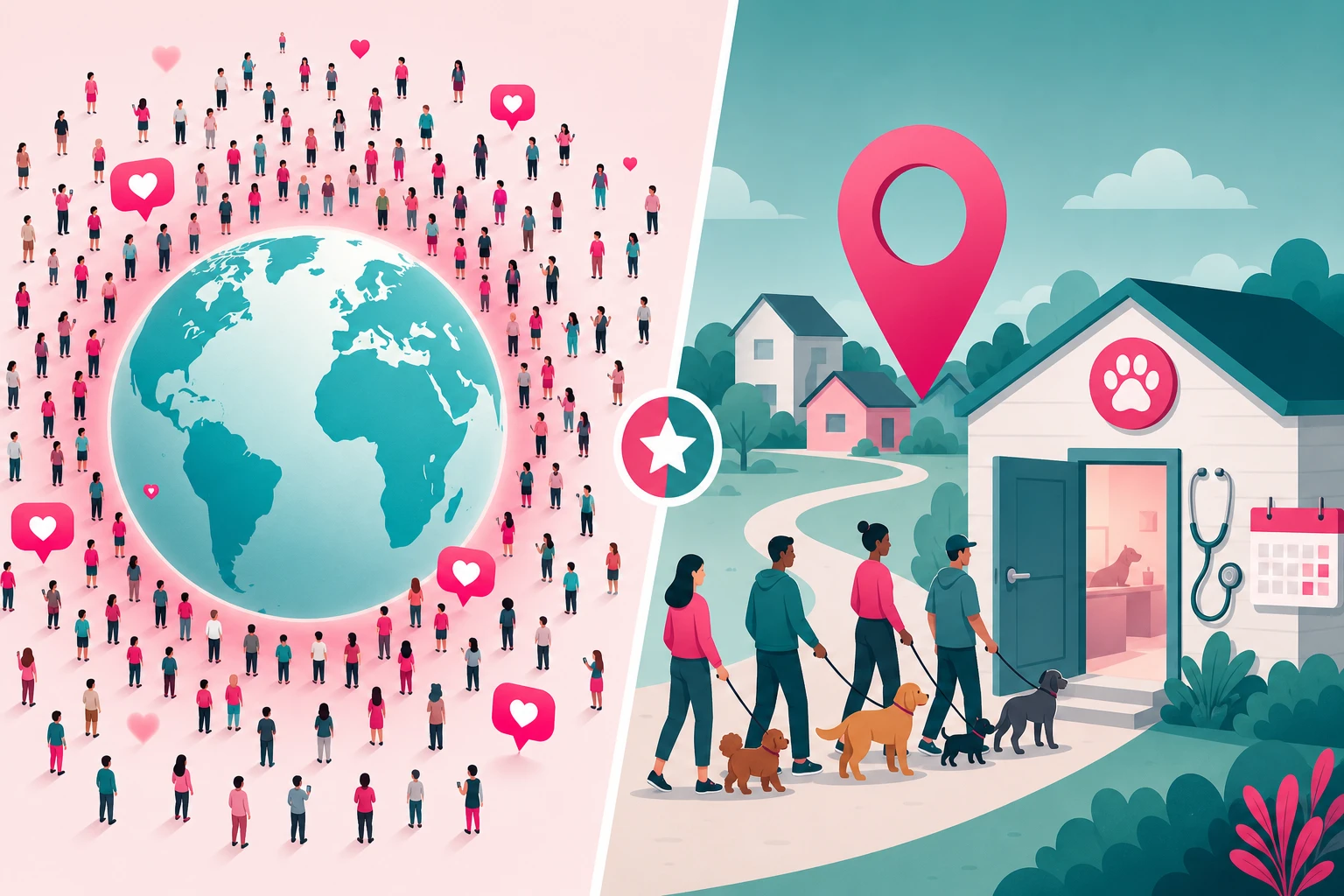 An illustration comparing two scoreboards: a globe surrounded by a huge crowd of scattered viewer avatars and hearts on the left, and a map pin over a small neighborhood with a short line of pet owners holding leashes walking toward a vet clinic door on the right