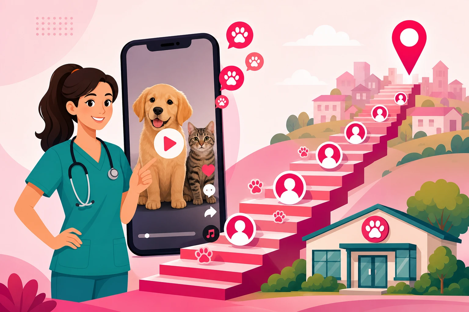 An illustration of a friendly veterinarian beside a tall smartphone showing a short-form video, with a rising staircase of follower avatars and paw prints climbing from a small neighborhood vet clinic toward a map pin over a town, a puppy and a cat at the base