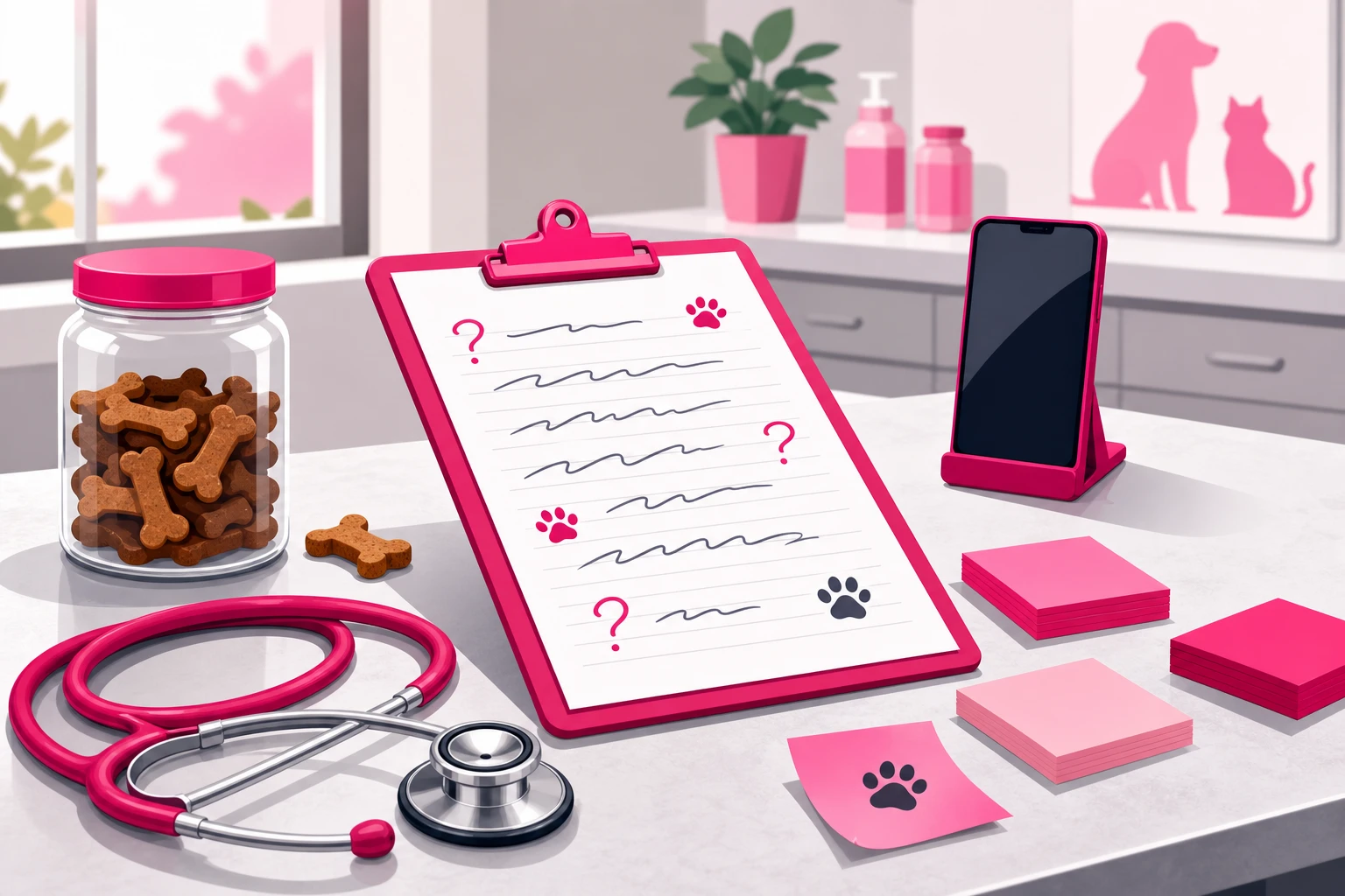 An illustration of an open clipboard on a veterinary exam-room counter, its page filled with handwritten pet-owner questions and paw-print doodles, surrounded by sticky notes, a stethoscope, a jar of treats, and a smartphone standing in a small stand