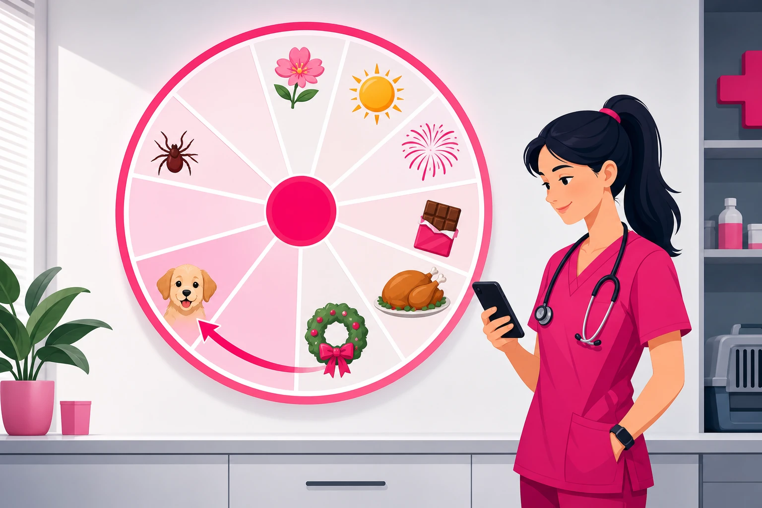 An illustration of a large circular twelve-segment wheel calendar on a clinic wall, each segment holding a small seasonal icon such as a tick, a sun, a firework, a chocolate bar, a roast turkey, a holiday wreath, and a puppy, with a veterinarian holding a phone beside it and a pink arrow sweeping from the holiday segment toward the puppy